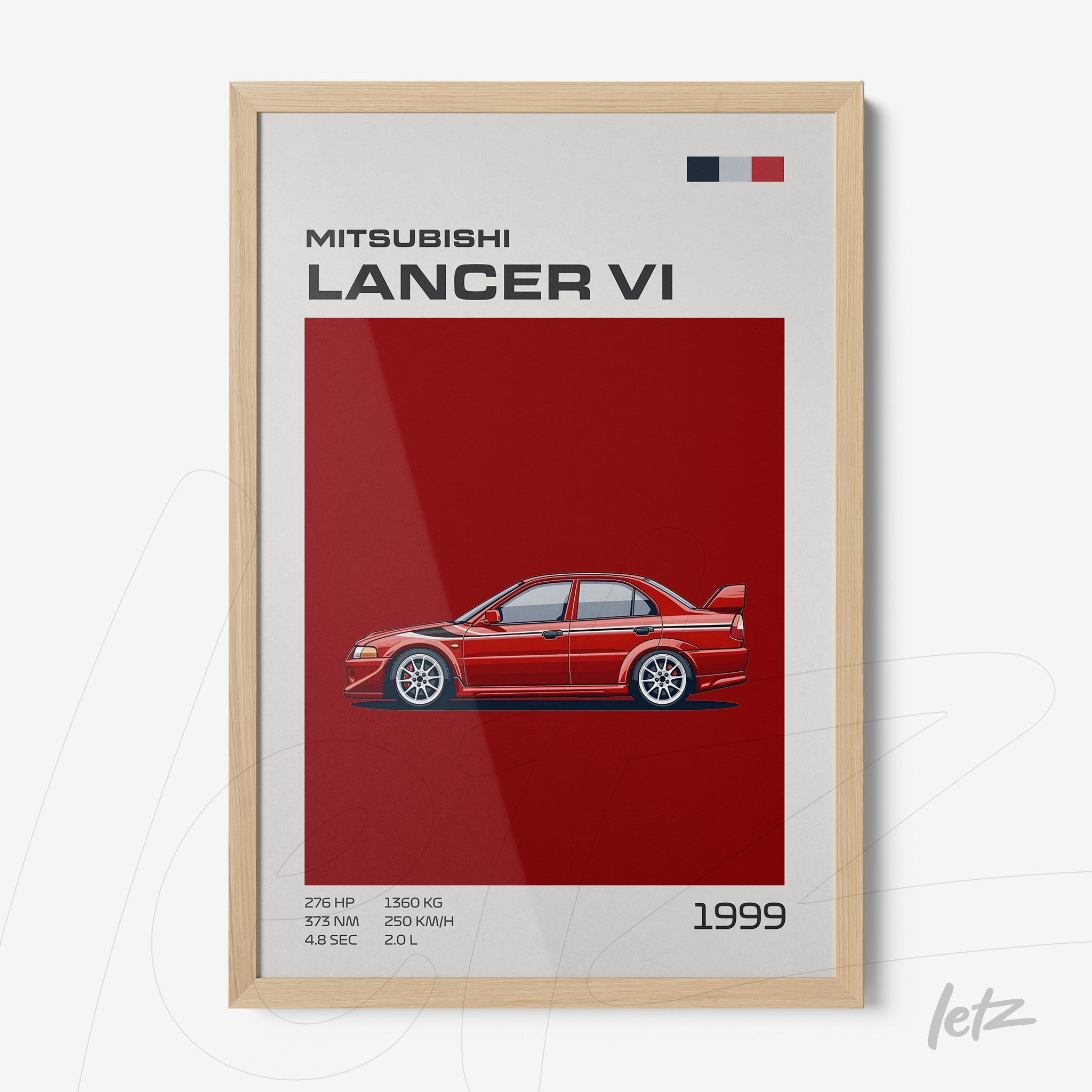 framed art featuring an illustration of a Mitsubishi Lancer VI on a red background with a light wood frame
