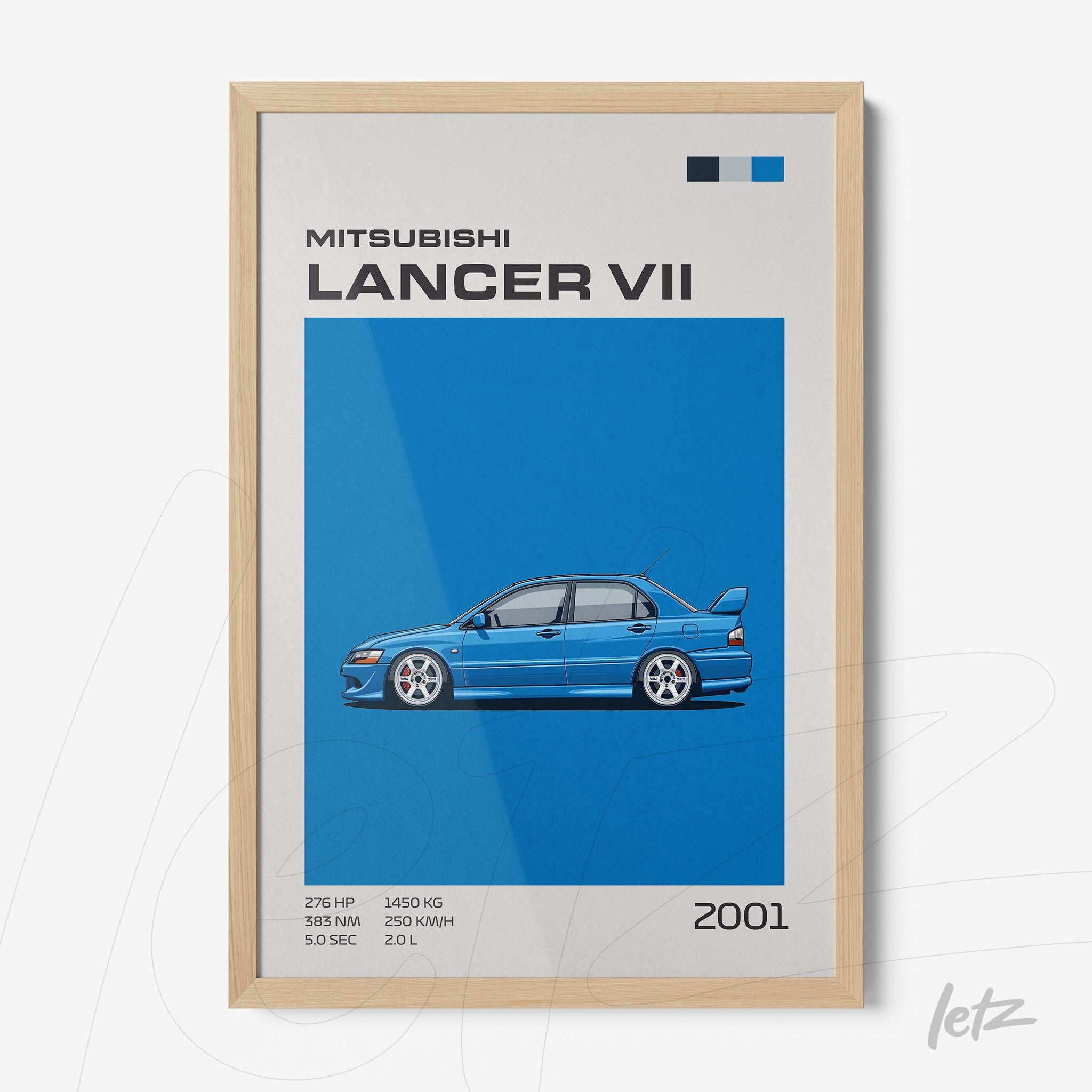 framed artwork featuring Mitsubishi Lancer VII illustration on vibrant blue background with light wood frame