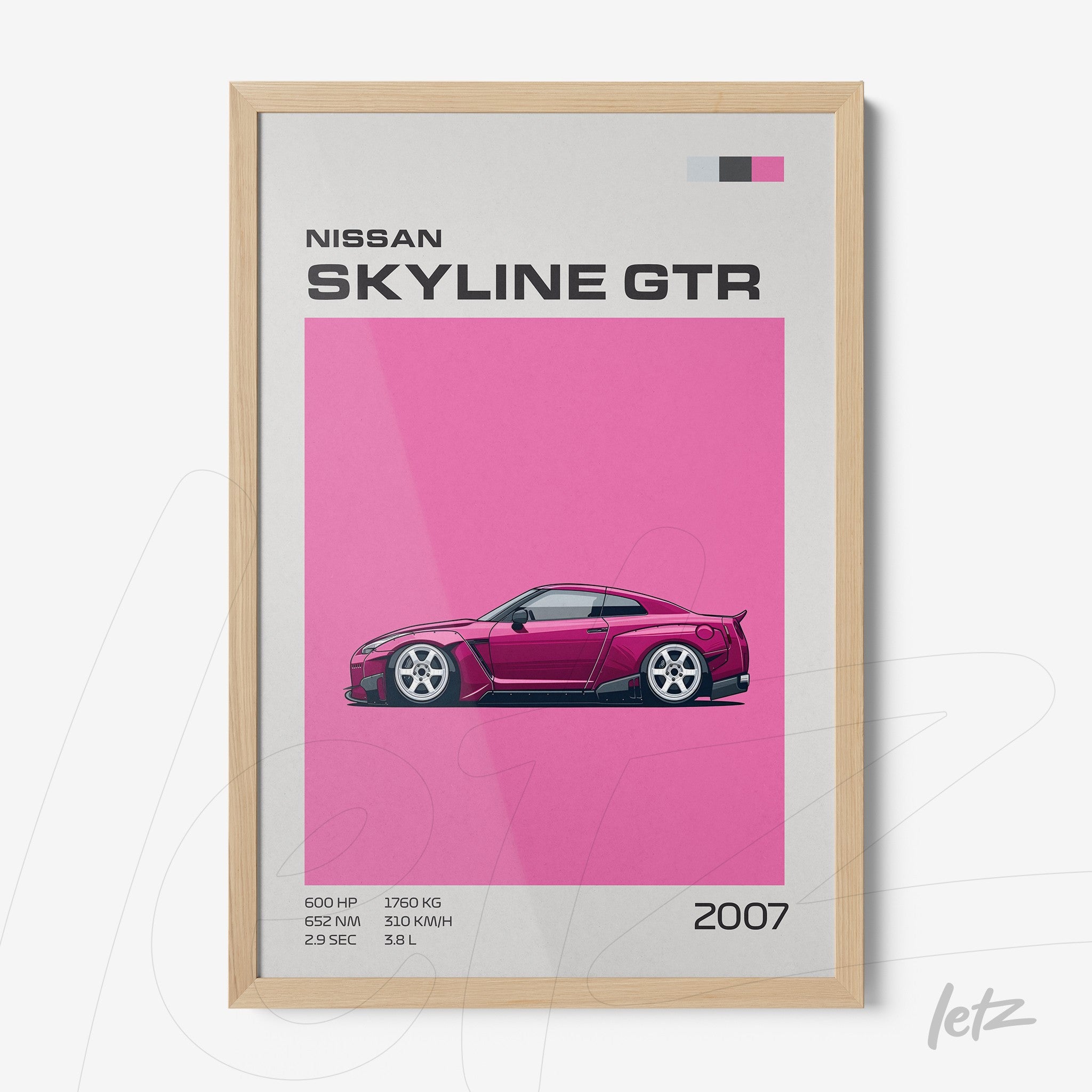 framed wall art featuring a digital illustration of a 2007 Nissan Skyline GTR with a bright pink background