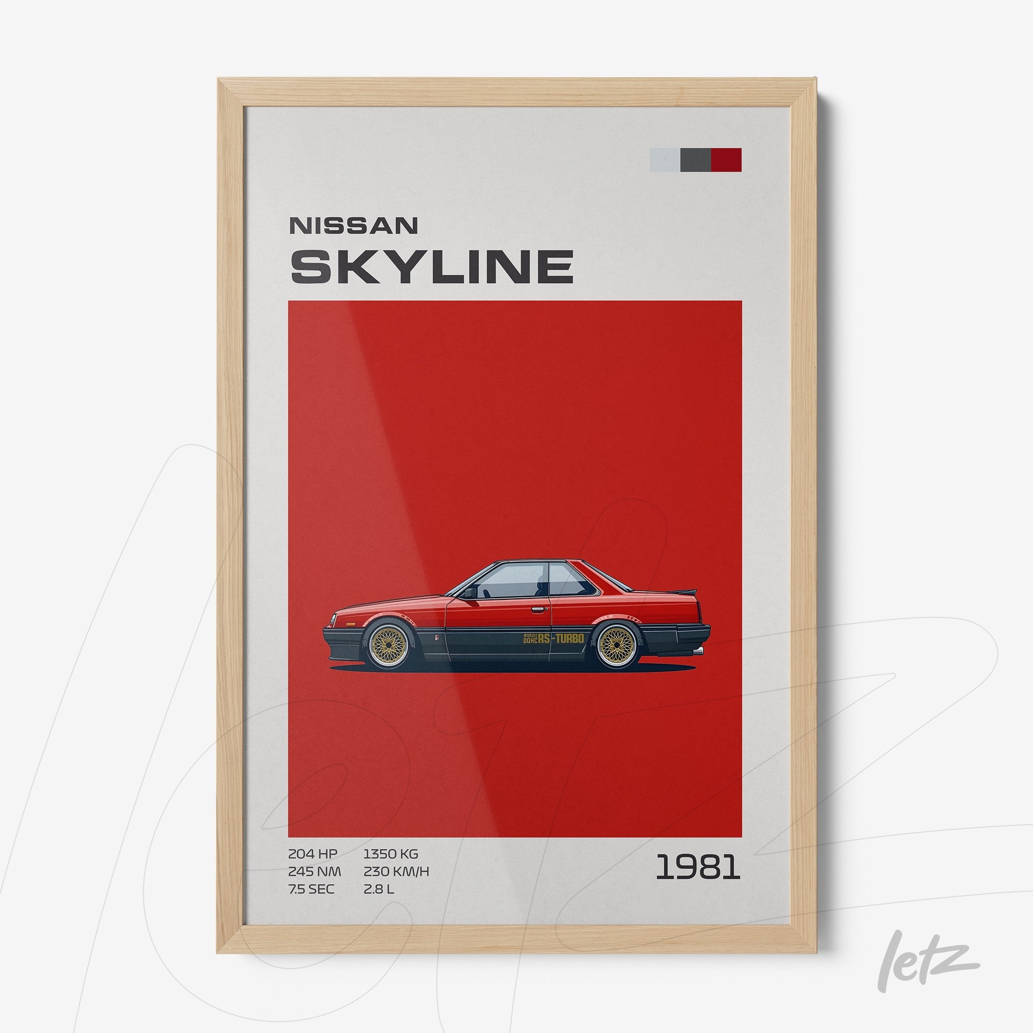 framed artwork of a Nissan Skyline car with a red background and minimalist informational text