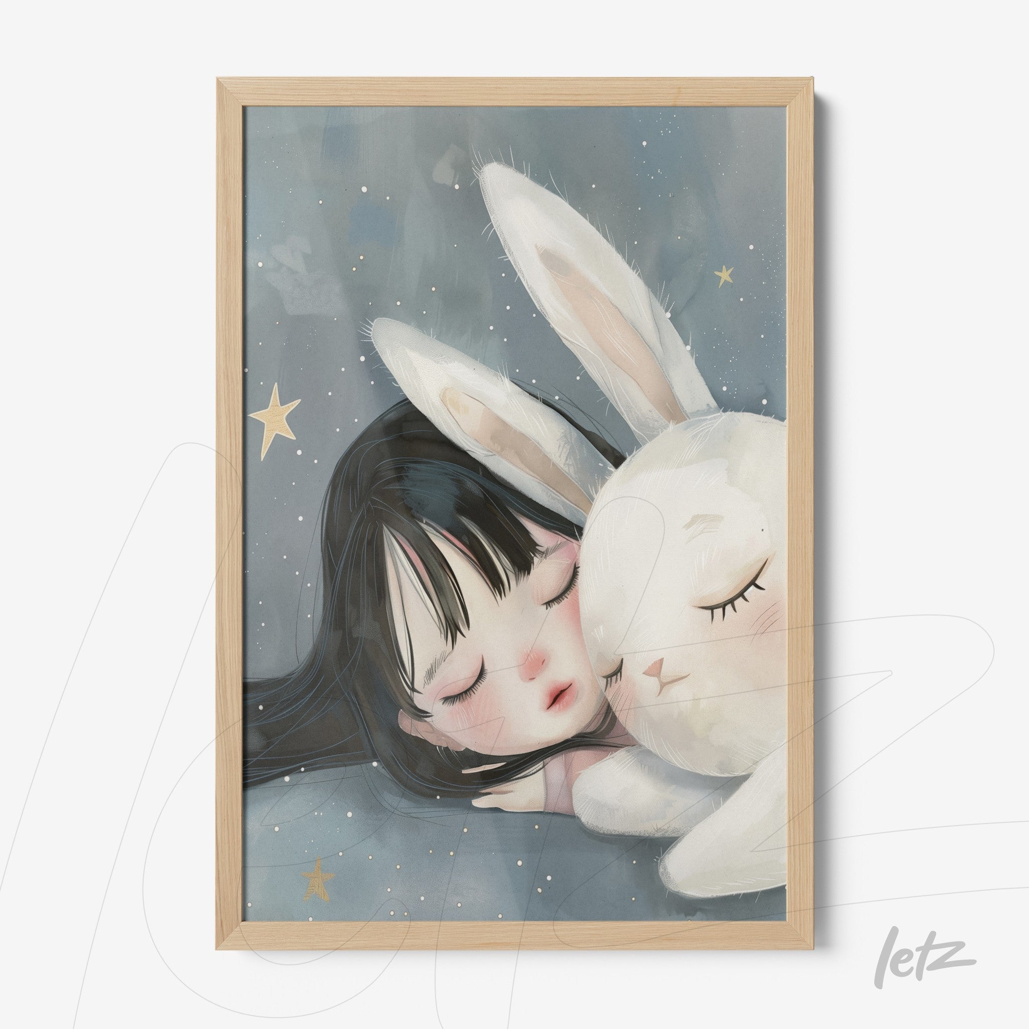 framed wall art featuring digital painting of a sleeping girl beside a white rabbit with a dark blue background and golden stars