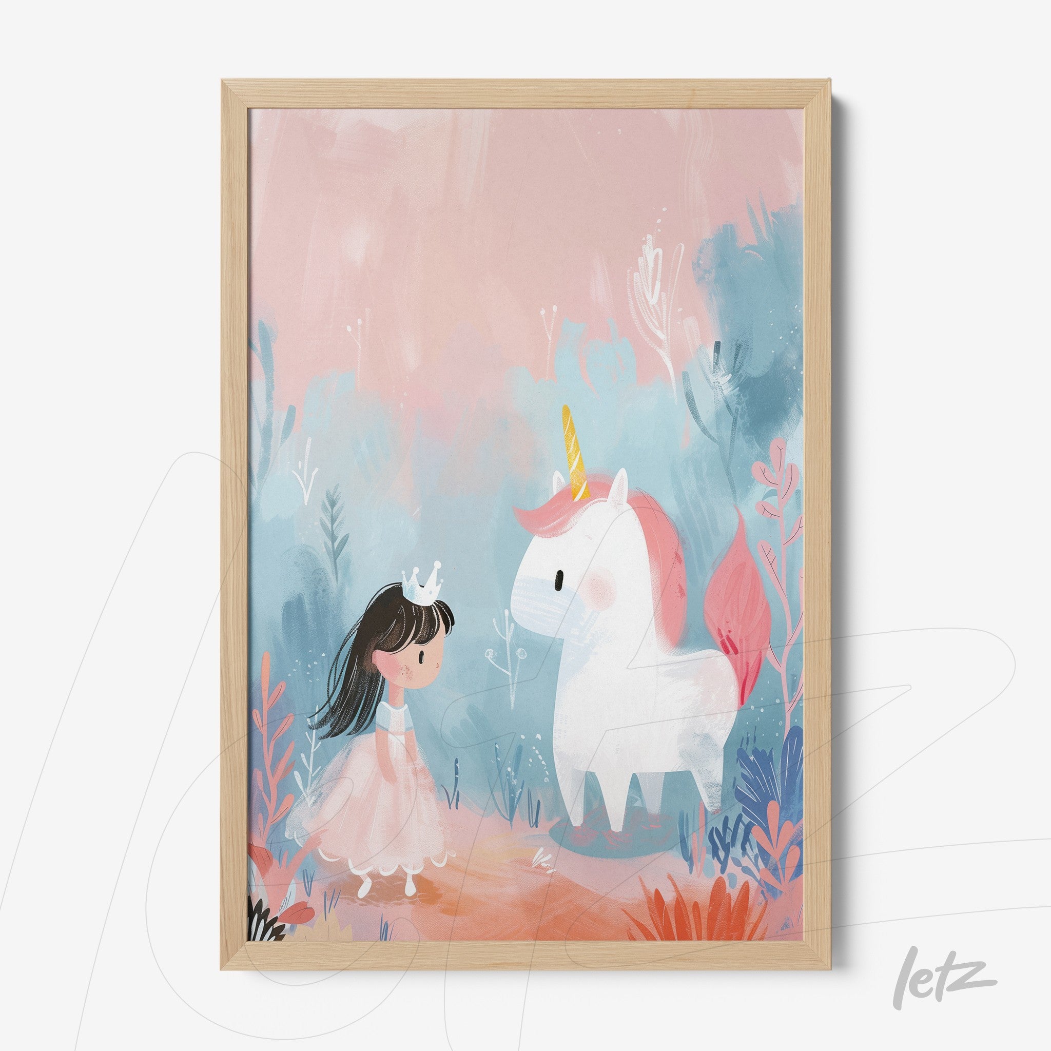 framed children's illustration of a girl with a crown interacting with a unicorn on a pastel background