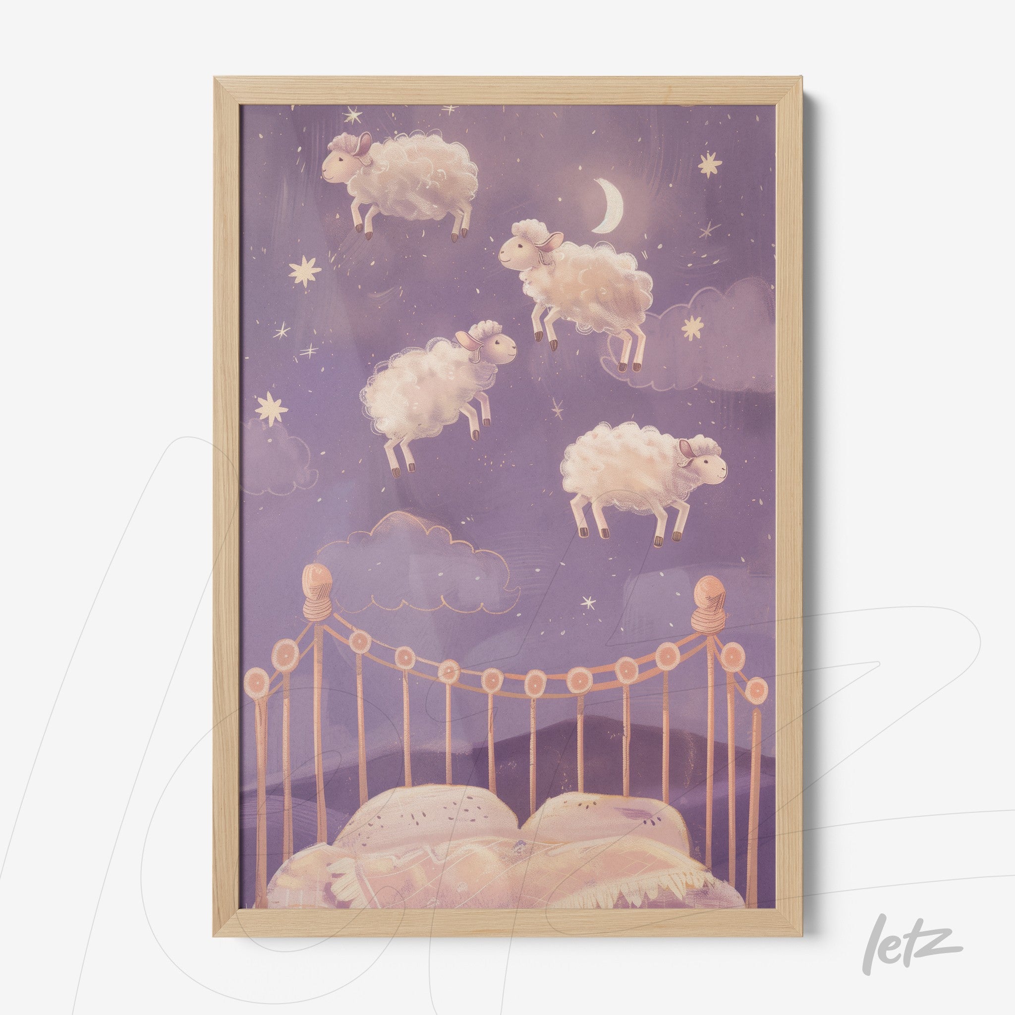 framed art featuring fluffy sheep floating in a starry sky over a bed in a light wood frame