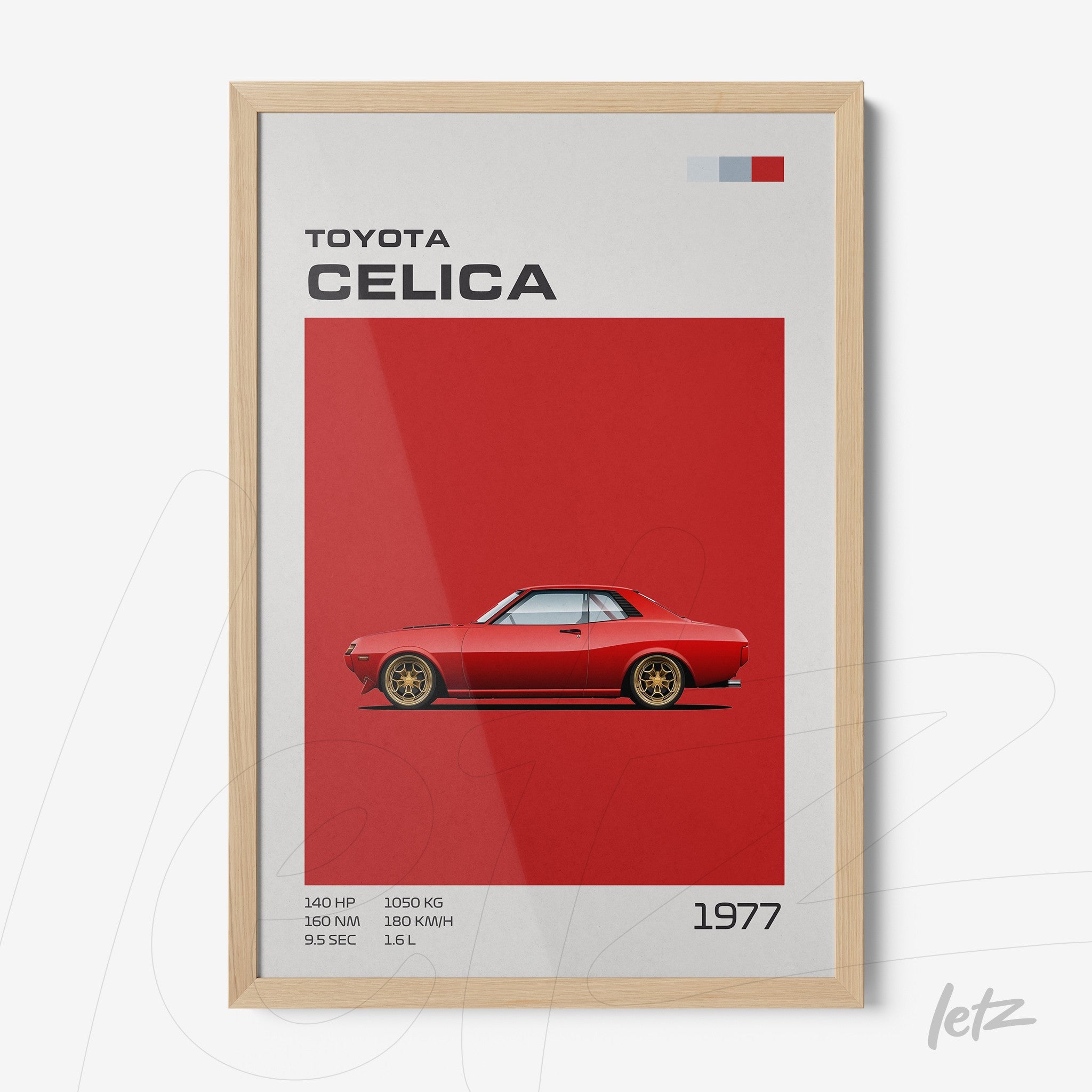 framed artwork of a red Toyota Celica against a vibrant red background with light wooden frame