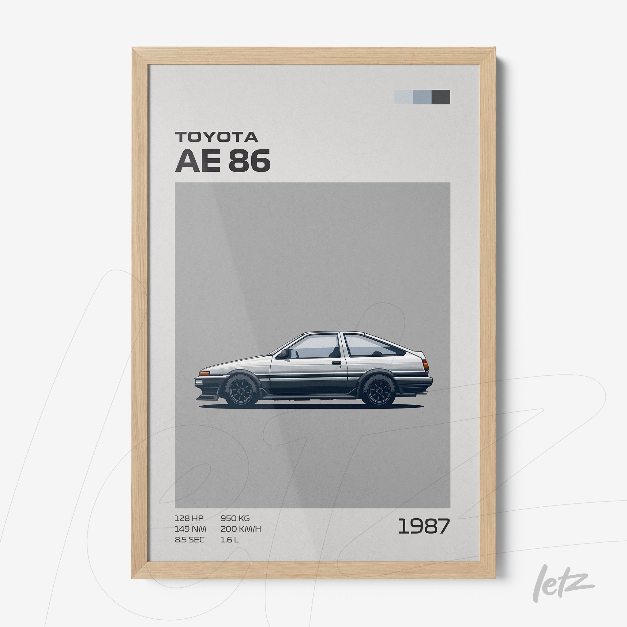 framed wall art featuring a minimalist illustration of a Toyota AE 86 car with light wood frame