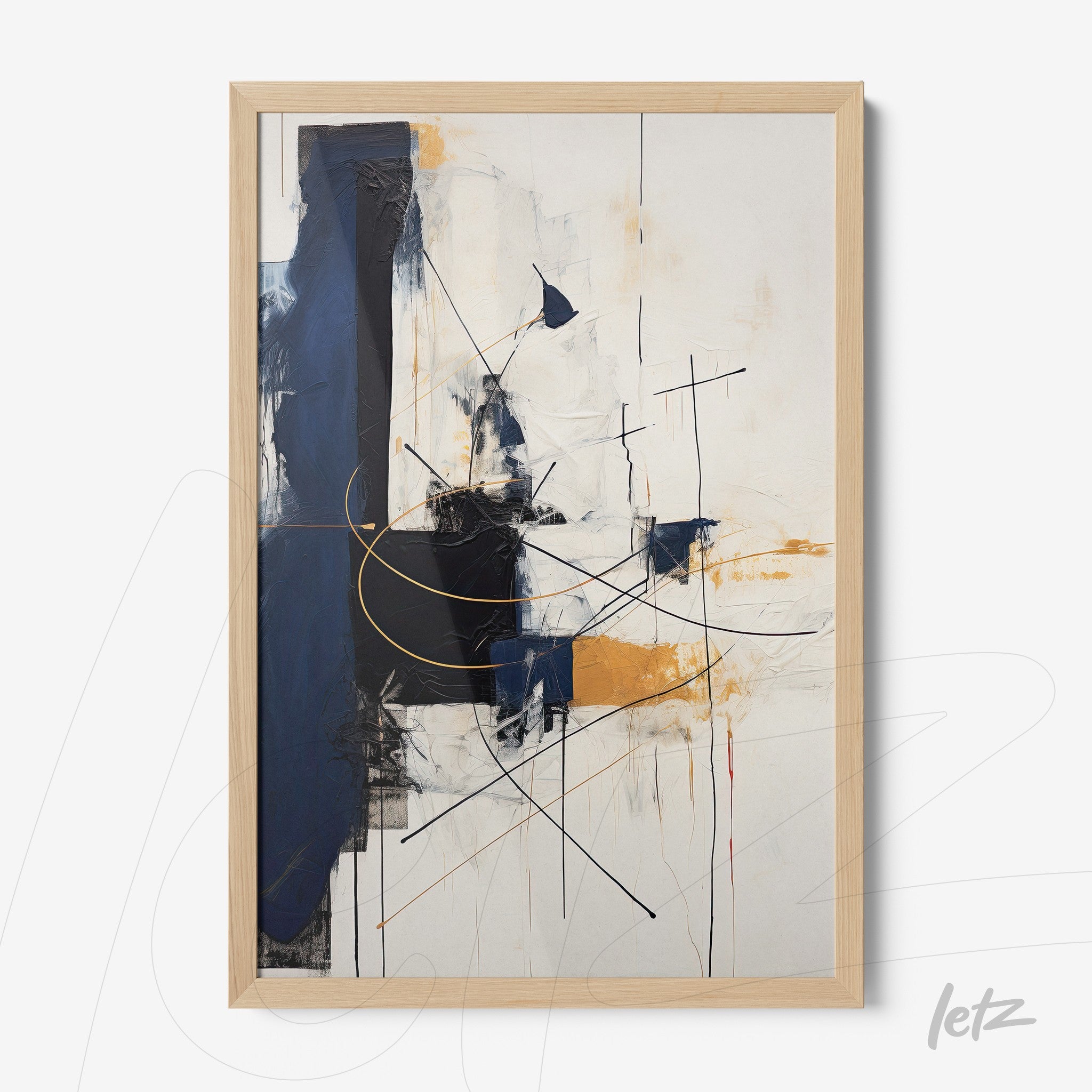 abstract wall art in blue tones with touches of yellow in light wood frame