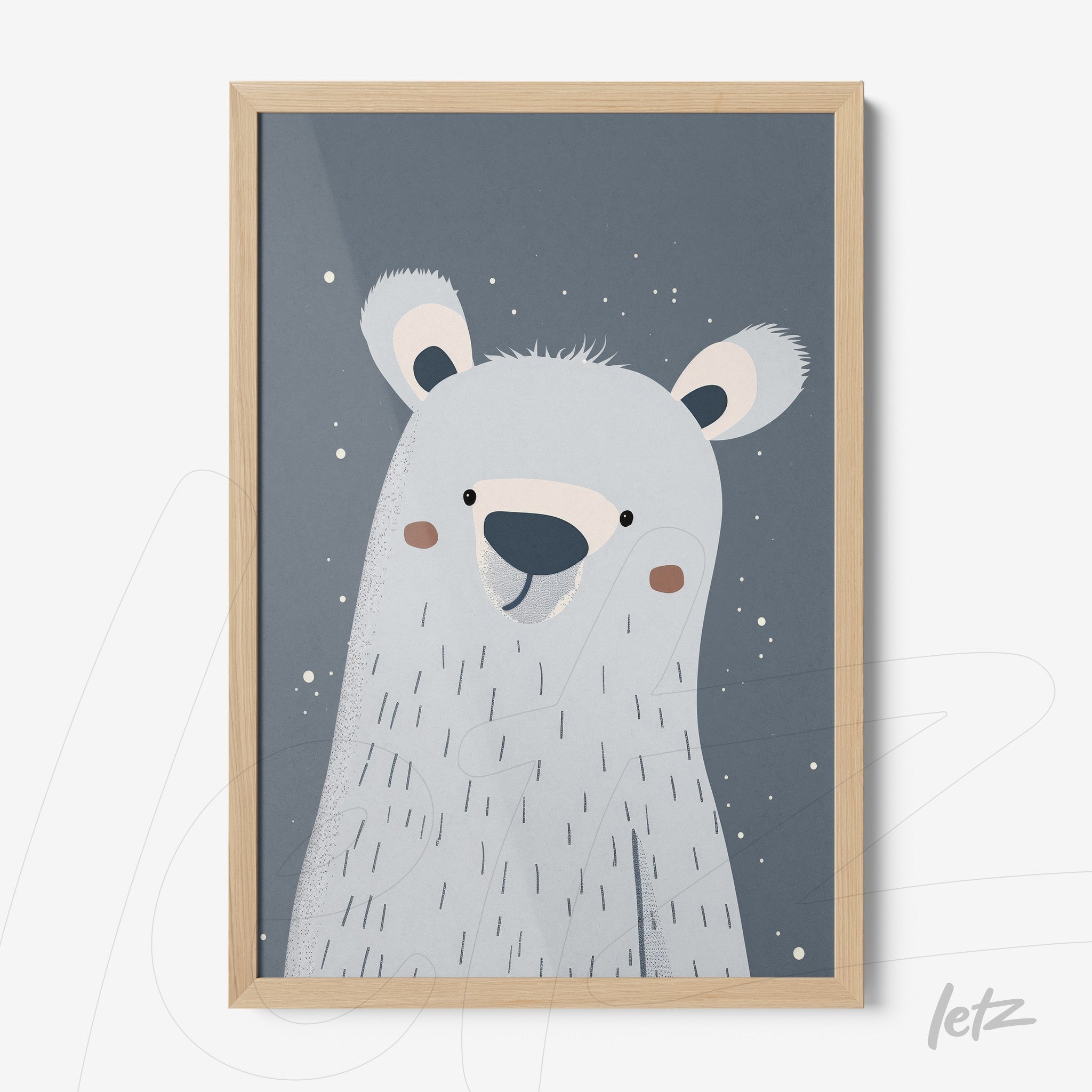 minimalist illustration of a polar bear in a light wood frame