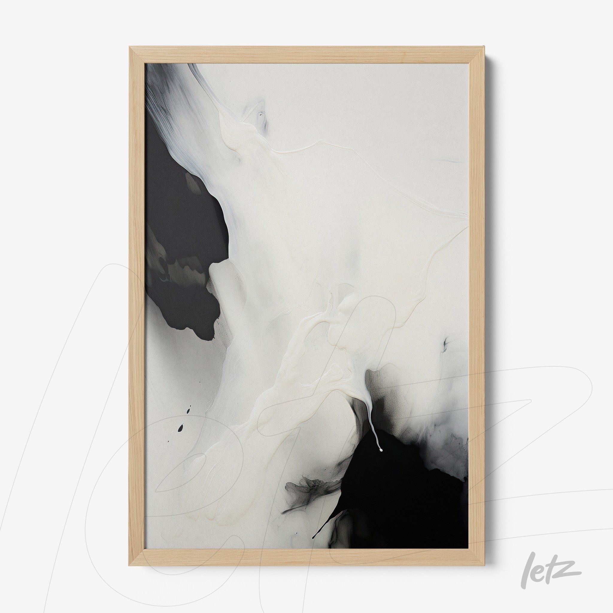 framed wall art featuring abstract black and white design with fluid shapes