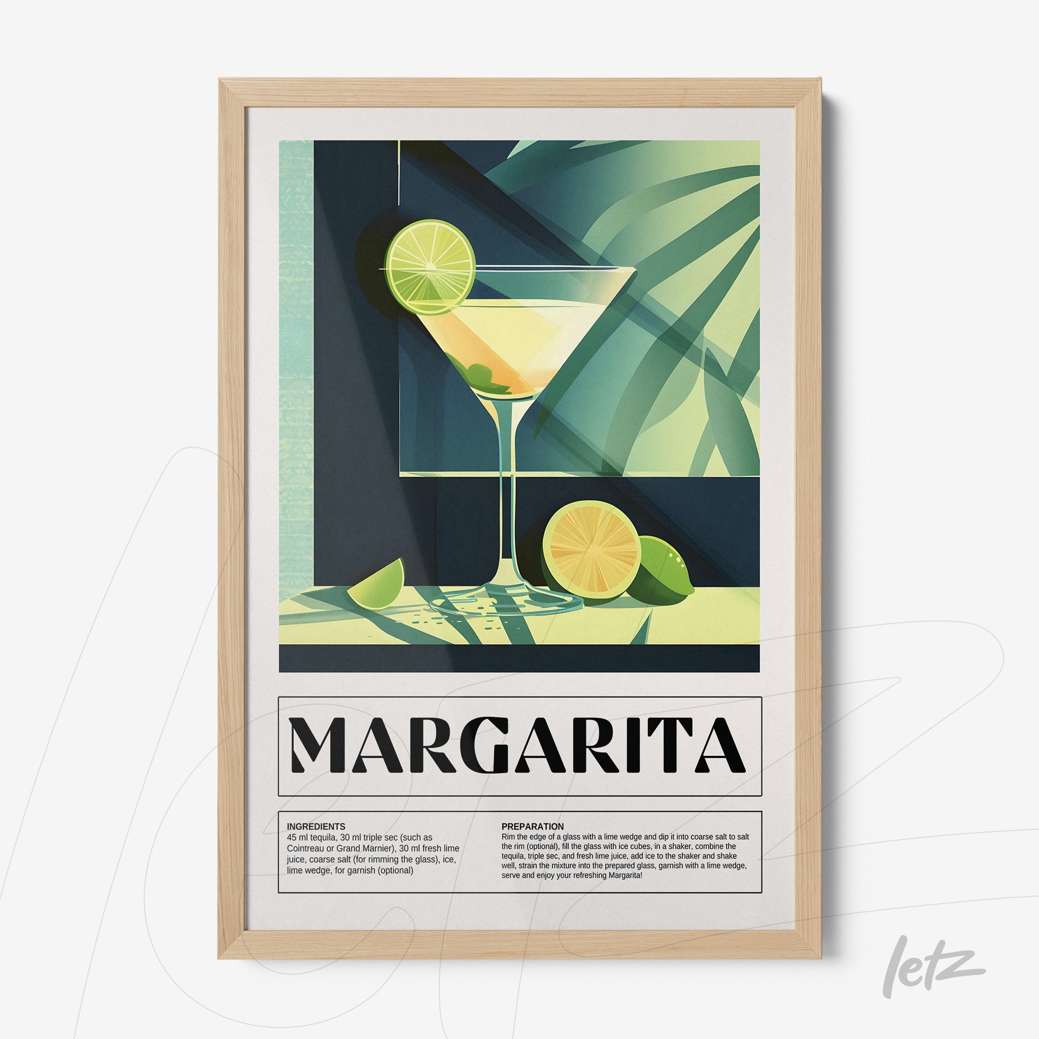 framed wall art featuring geometric illustration of margarita cocktail with light wood frame and limes beside