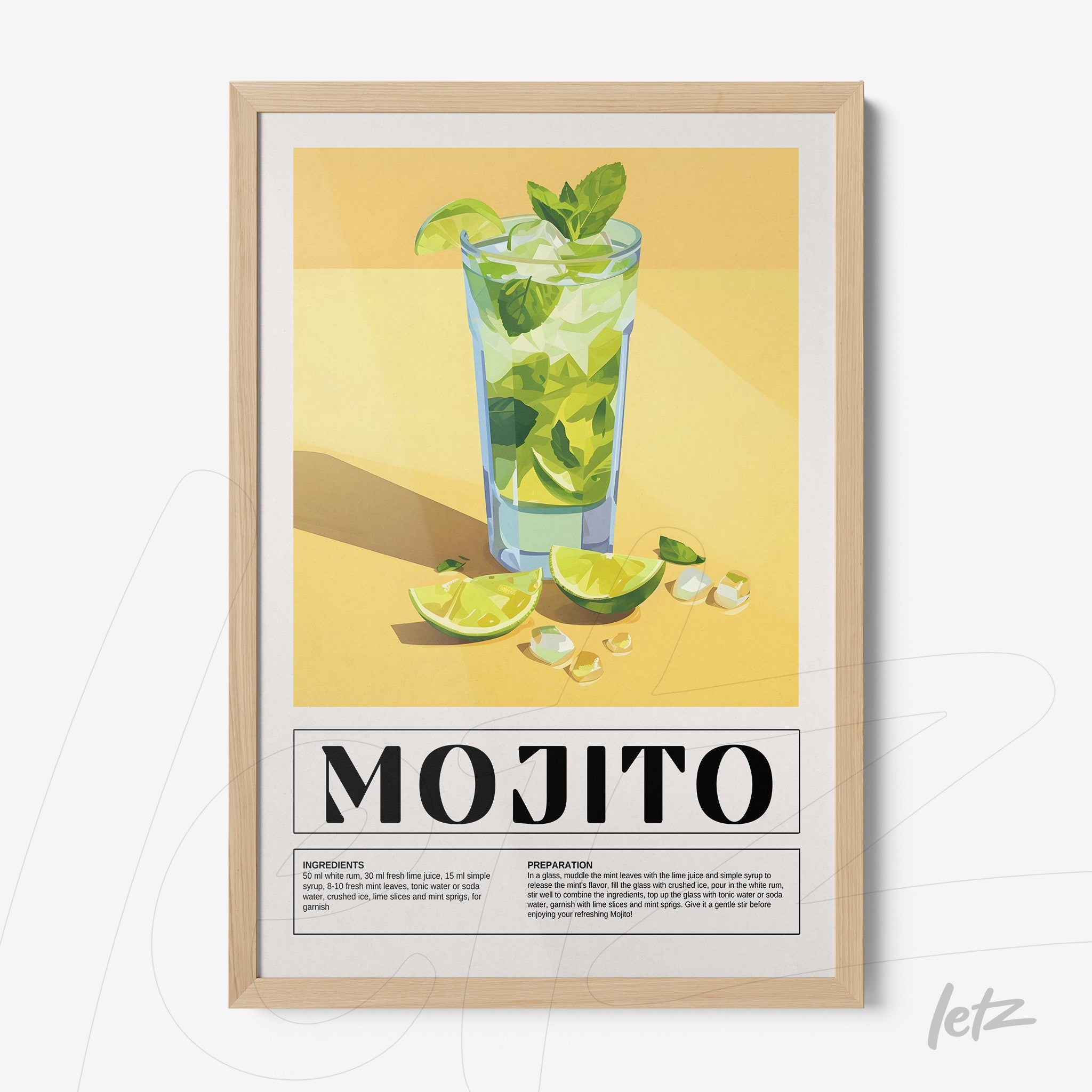 framed artwork featuring a colorful illustration of mojito drink with a light frame, yellow background, sliced limes, and ice cubes