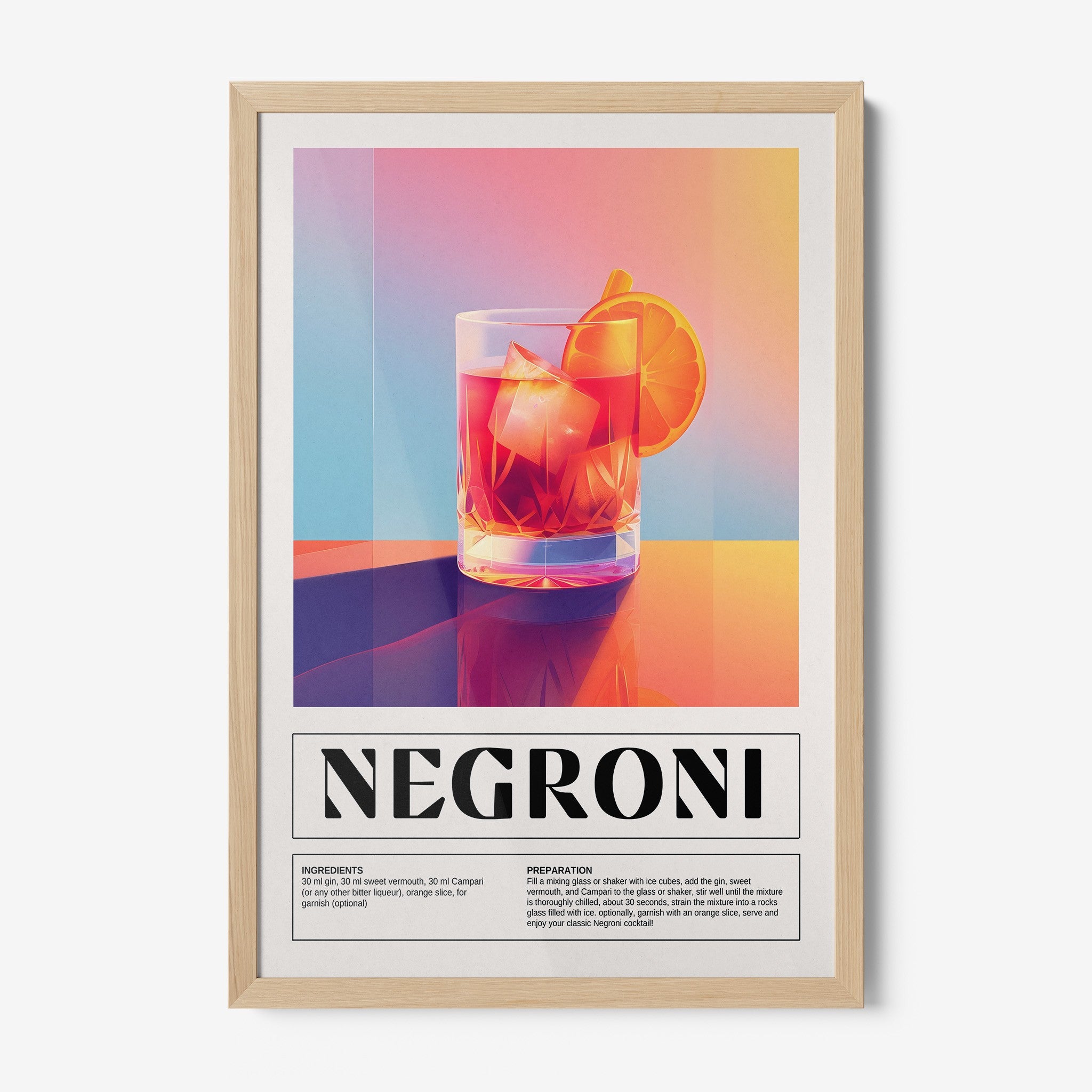 framed art print of negroni cocktail in light wooden frame