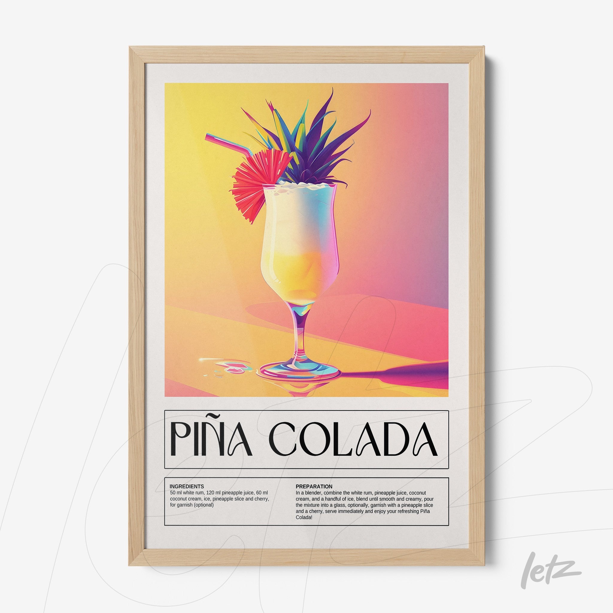 framed digital art of piña colada cocktail with colorful background and light frame