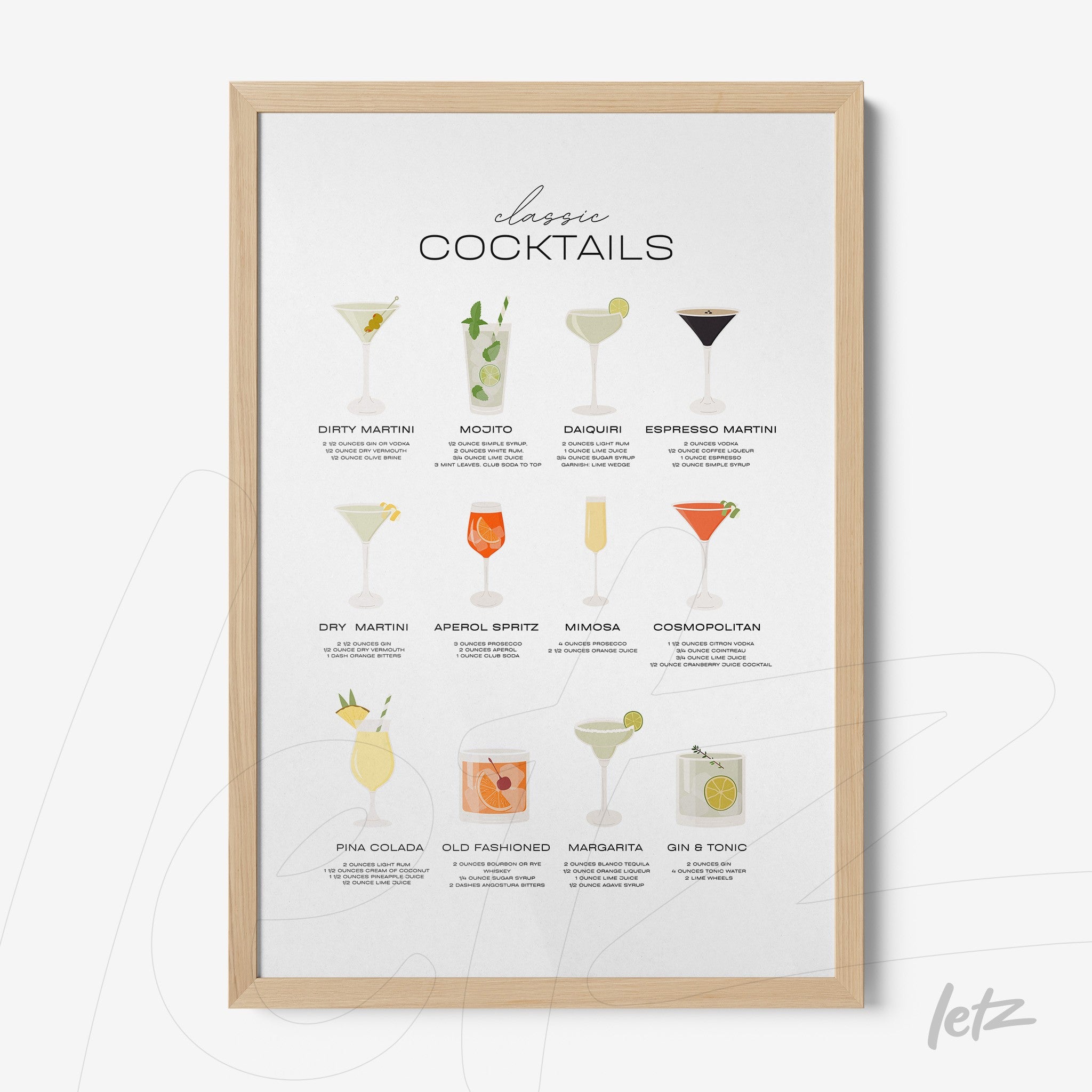 framed artwork featuring illustrations of classic cocktails with light wood frame