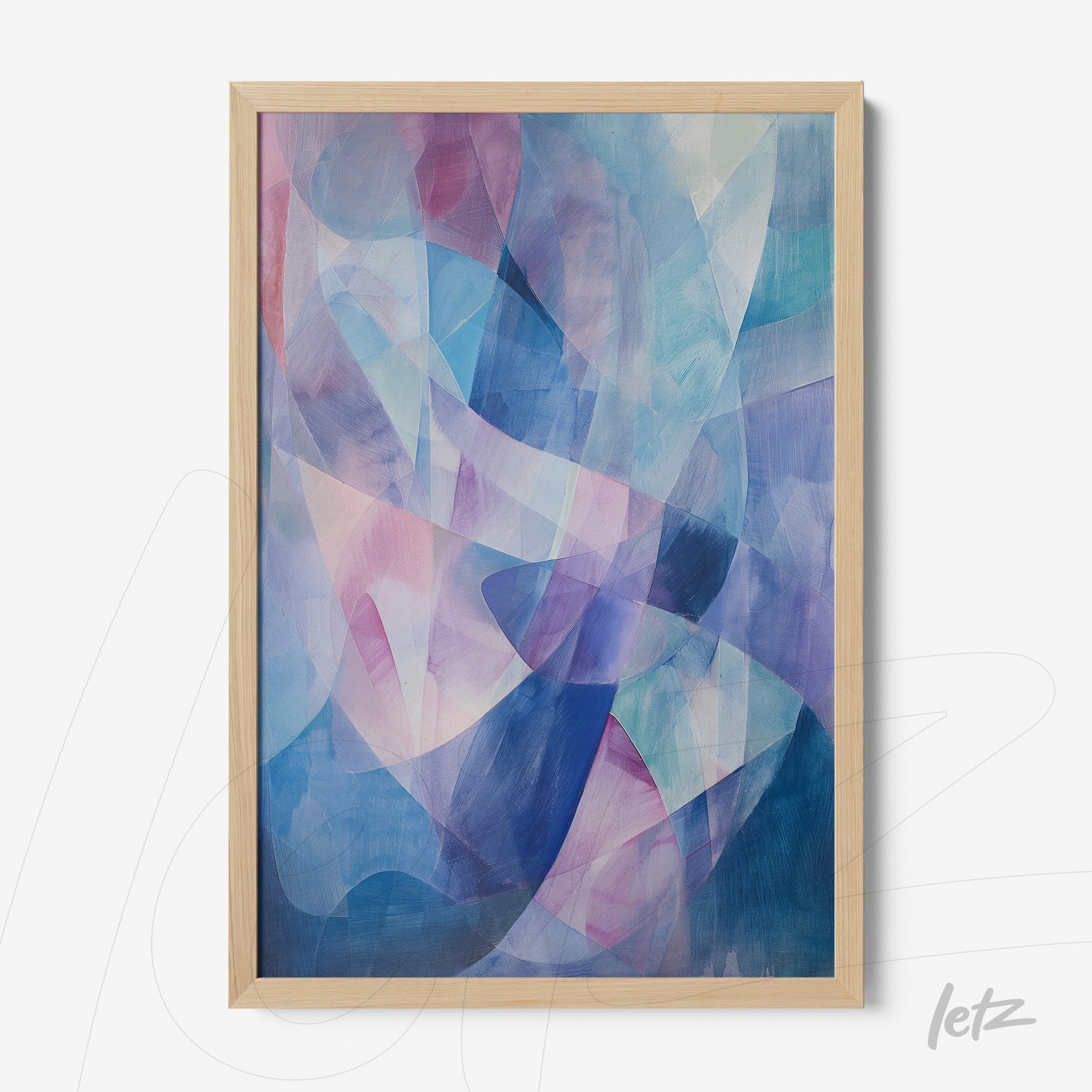 framed wall art featuring abstract design in shades of blue and pink with flowing shapes and light wood frame