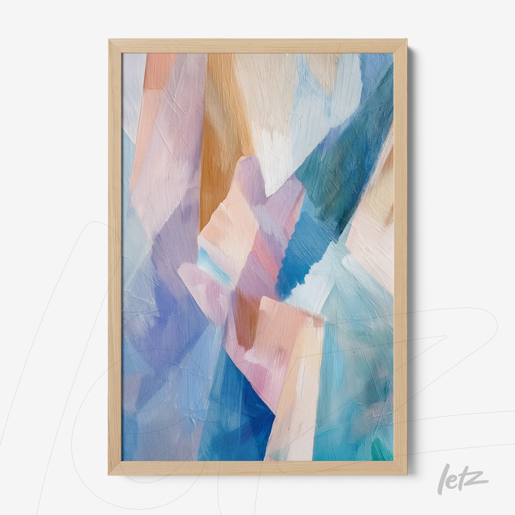 framed abstract artwork featuring shades of blue, pink, and cream with light wood frame
