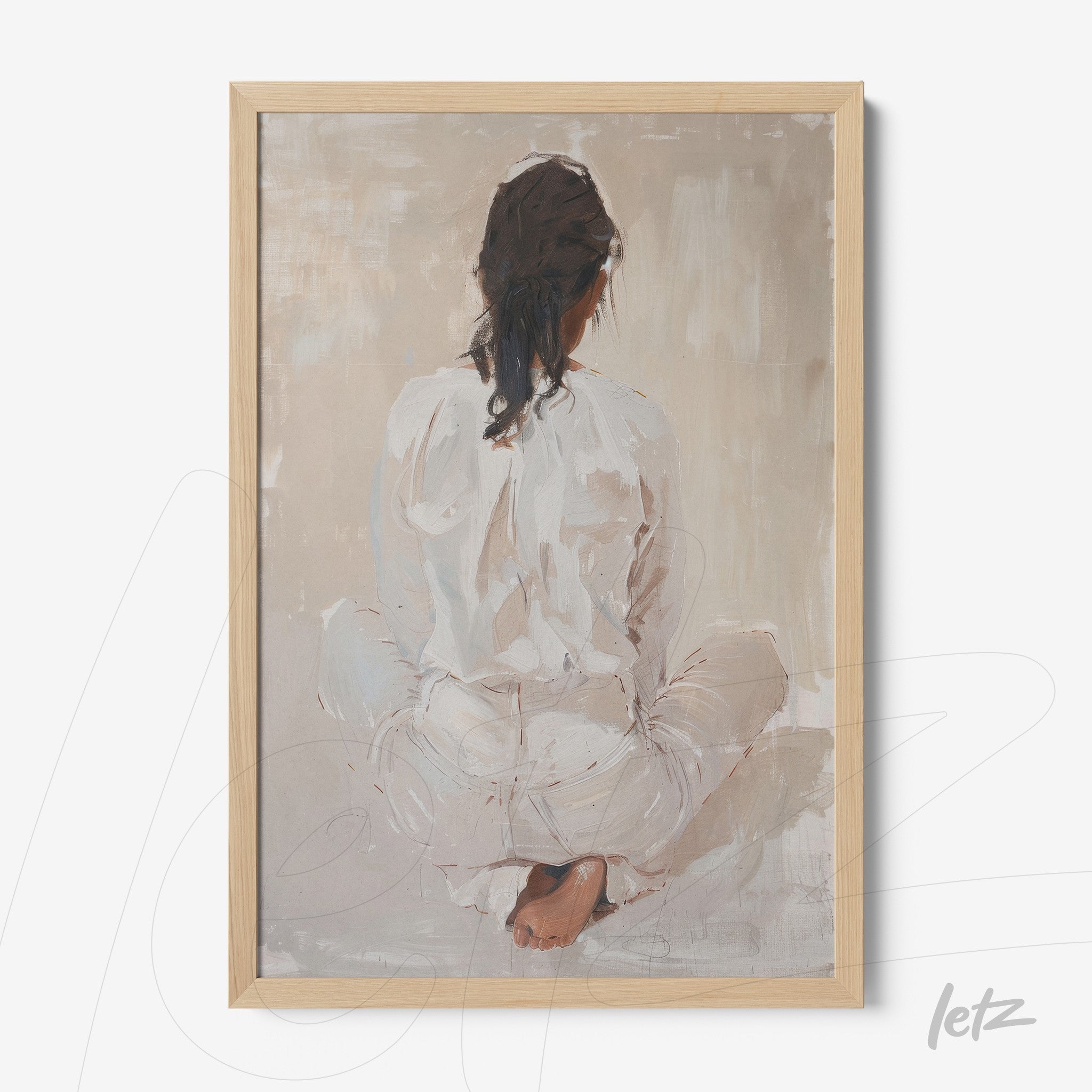 framed minimalist art of a woman sitting with her back to the viewer in neutral tones