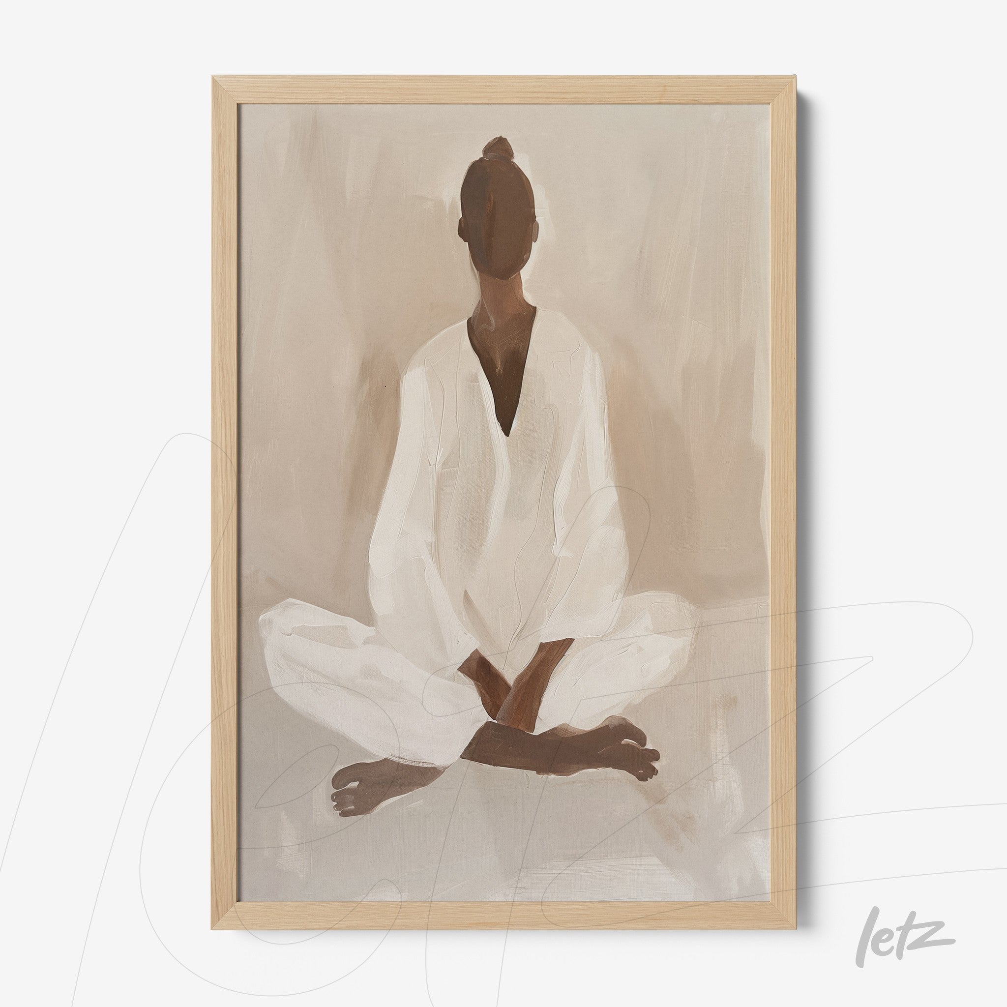 framed art featuring an abstract depiction of a woman sitting in meditation with a light wood frame