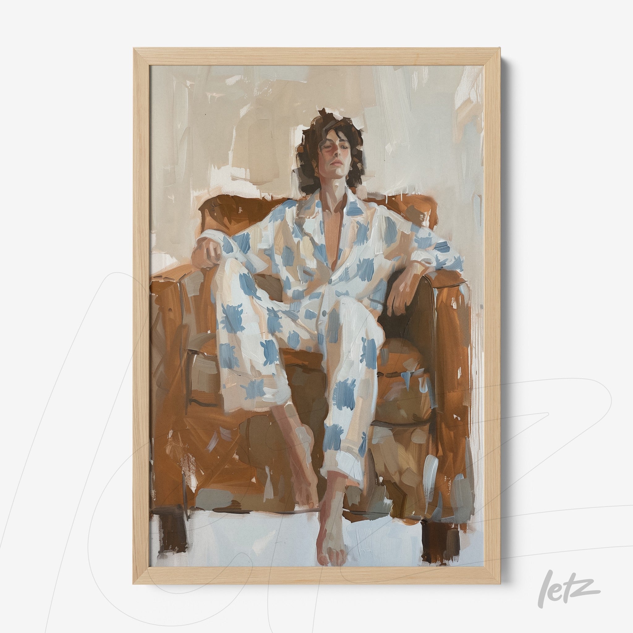 modern art framed piece depicting a person sitting on a brown sofa wearing white pajamas with blue splotches, light wood frame