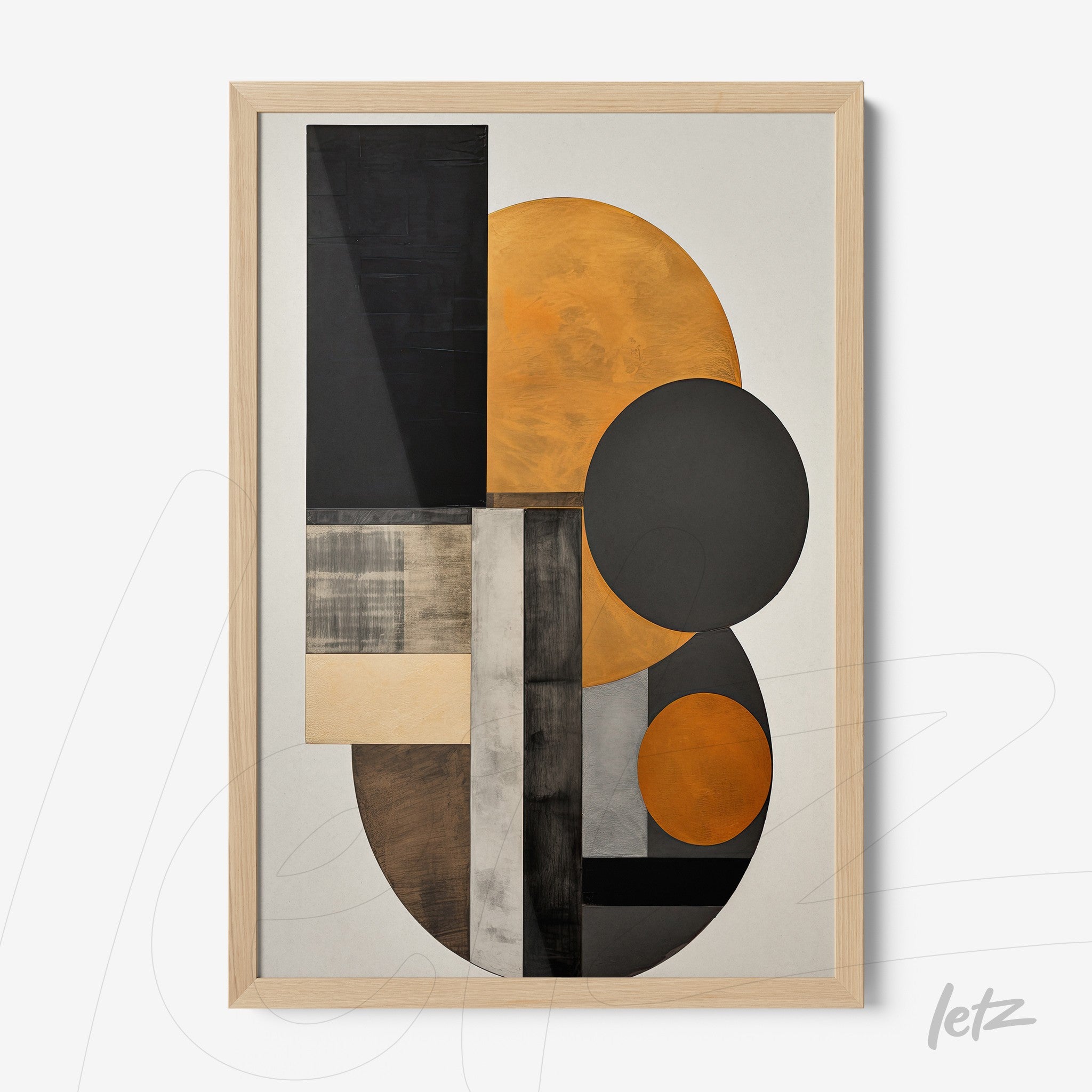 decorative wall art featuring geometric shapes in black, orange, and gray tones with a light wood frame