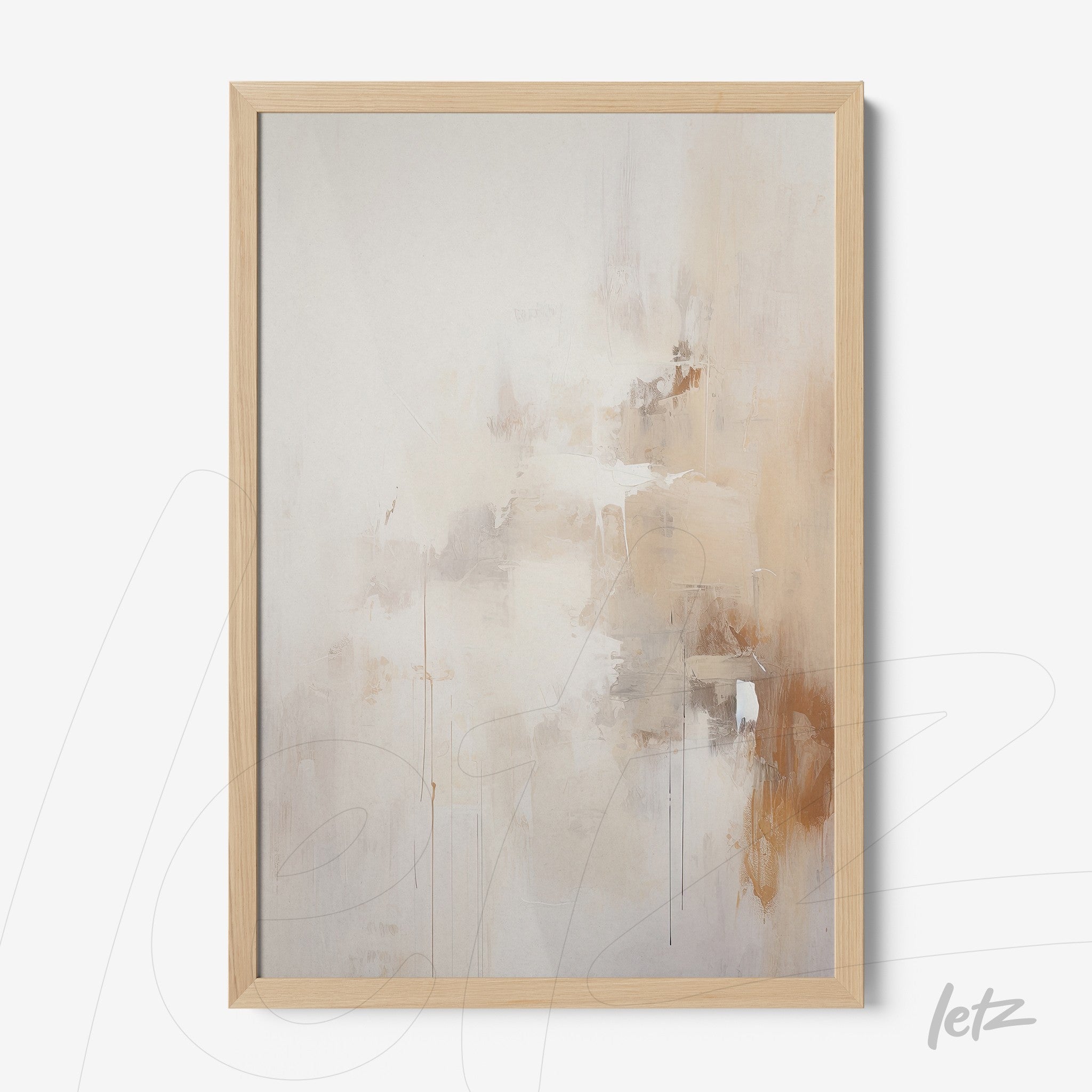 abstract artwork in neutral tones featuring brush strokes in beige and brown with light wood frame