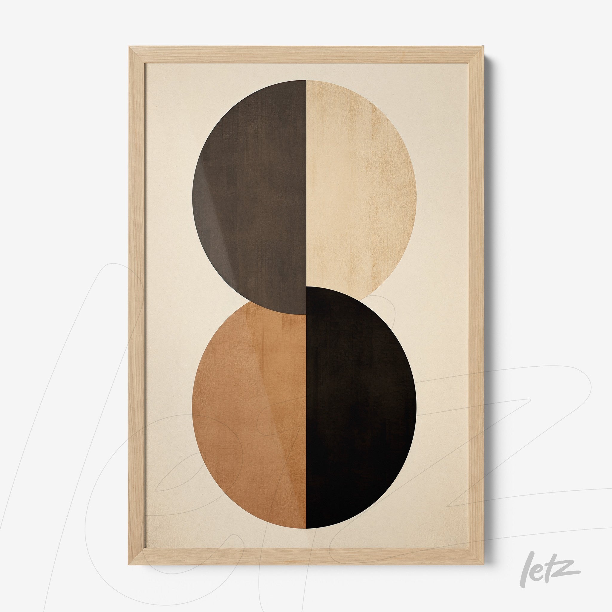 framed abstract art featuring two circular shapes, one in dark tones and the other in earth tones with a light wood frame