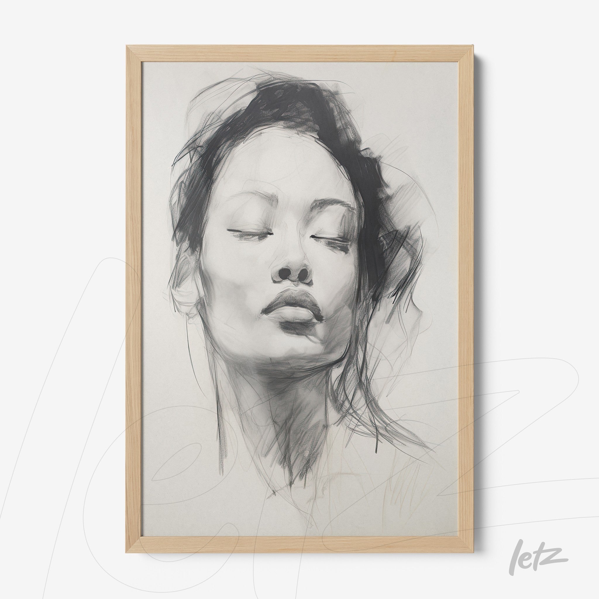 framed artwork featuring a minimalist black line drawing of a female face with light wood frame