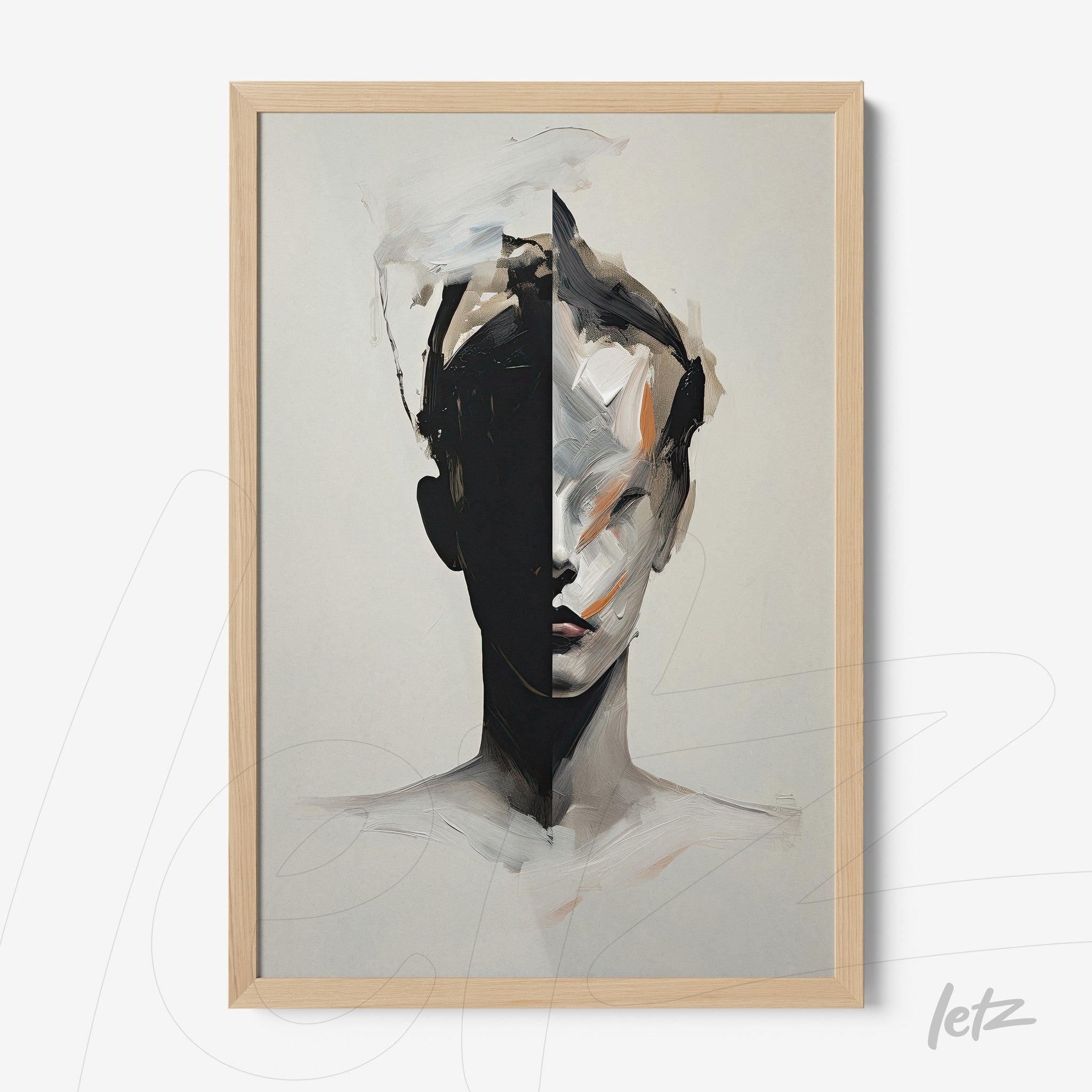 abstract wall art featuring a human face in a light wood frame