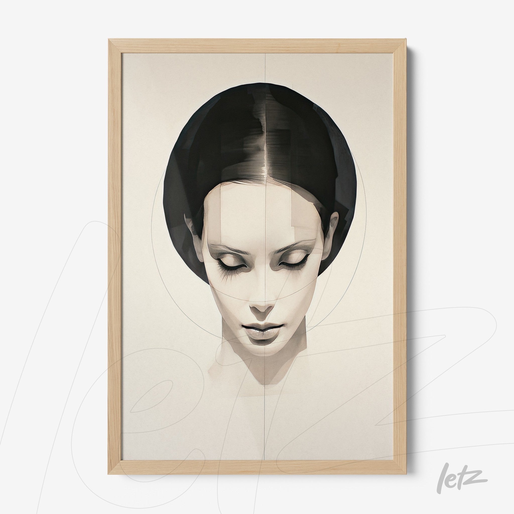 abstract artwork of a woman with black hair in a light wood frame