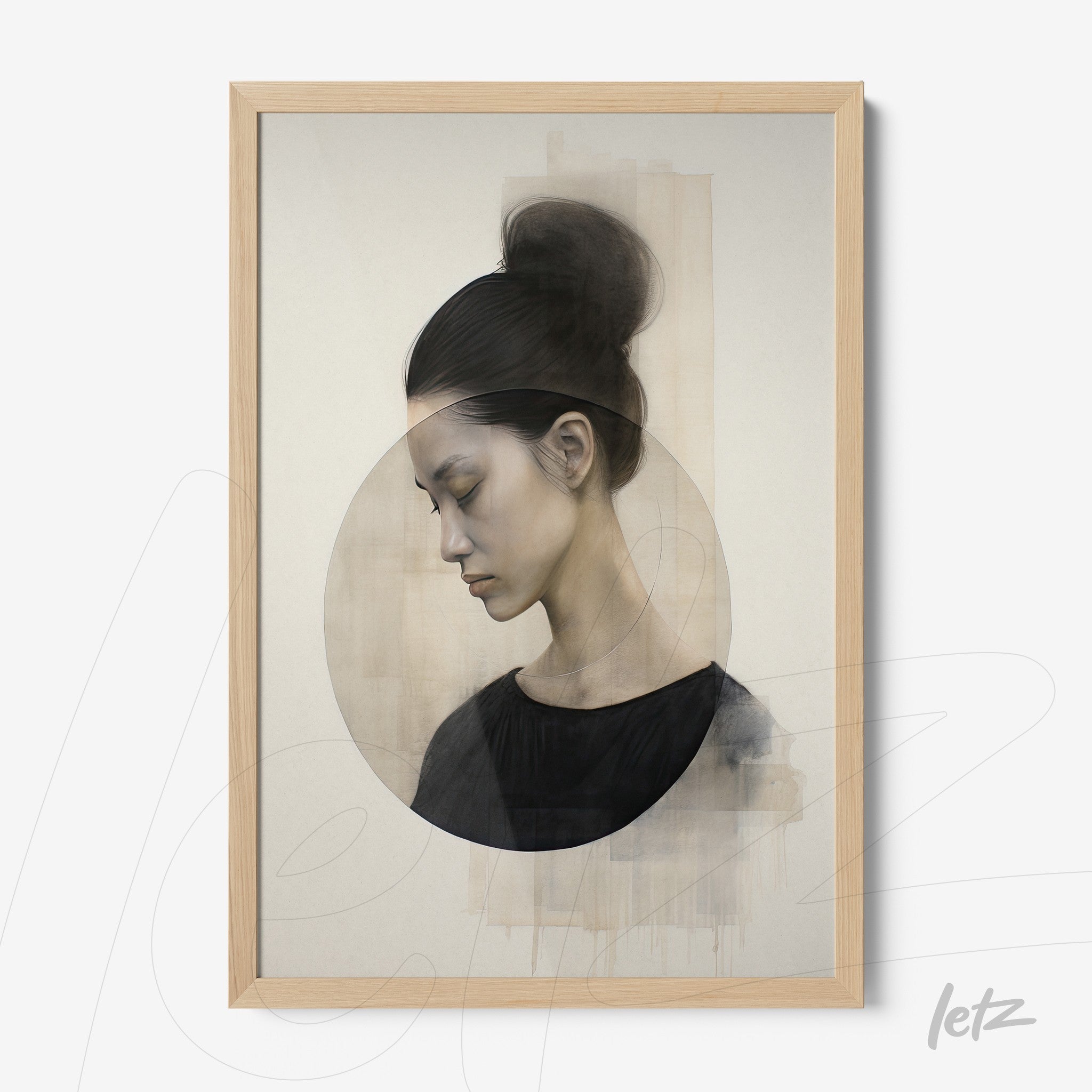 framed artwork of a woman in profile on a neutral background with light wood frame