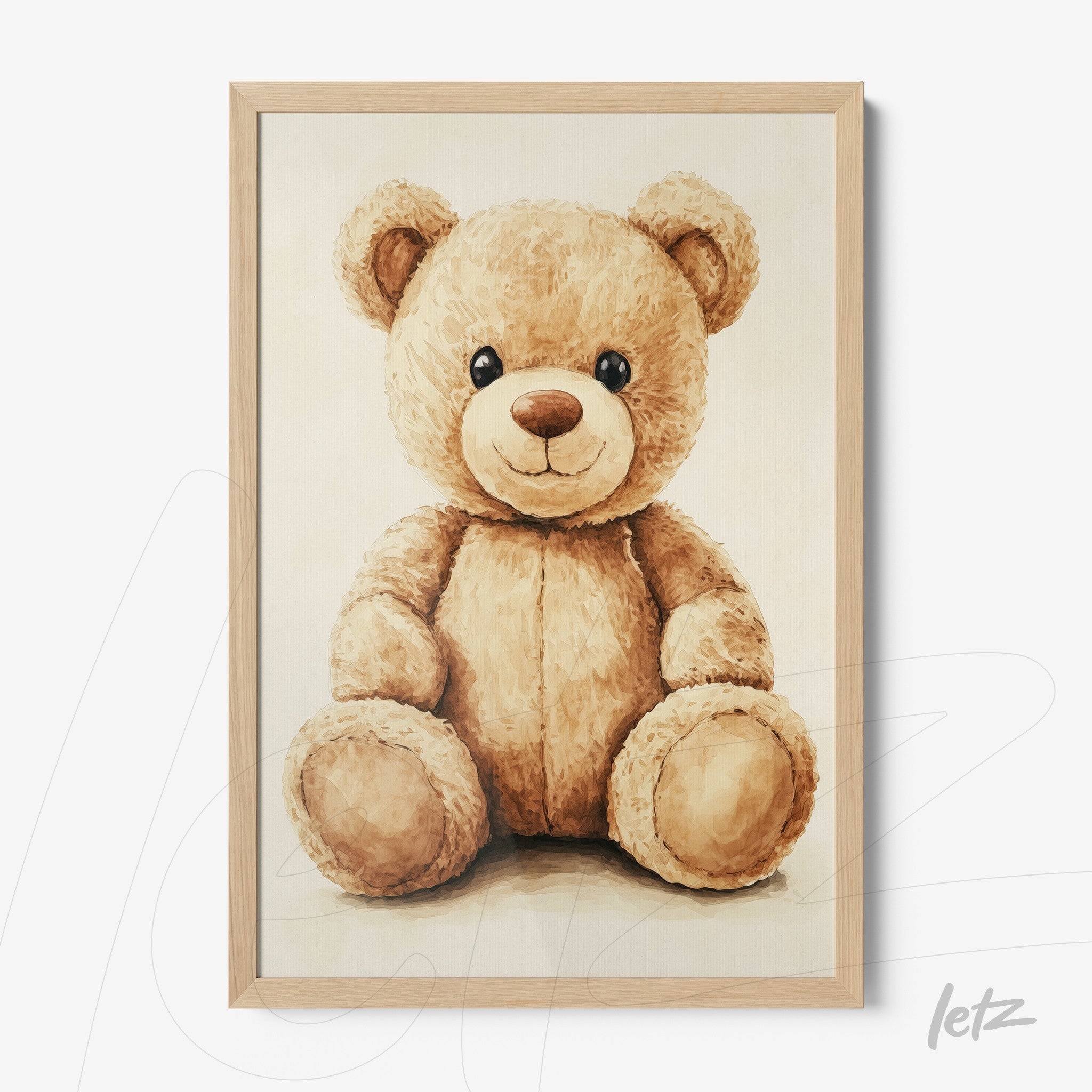 decorative print featuring a teddy bear in a light wood frame