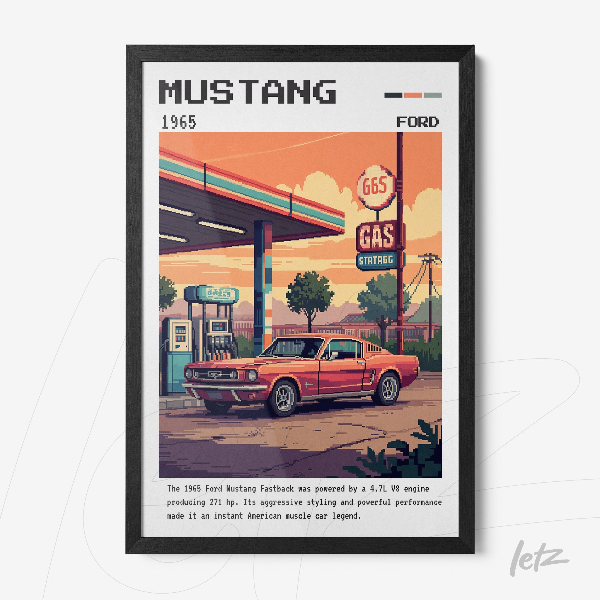 pixel art print of a red Ford Mustang car in front of a gas station with vibrant colors and a black frame