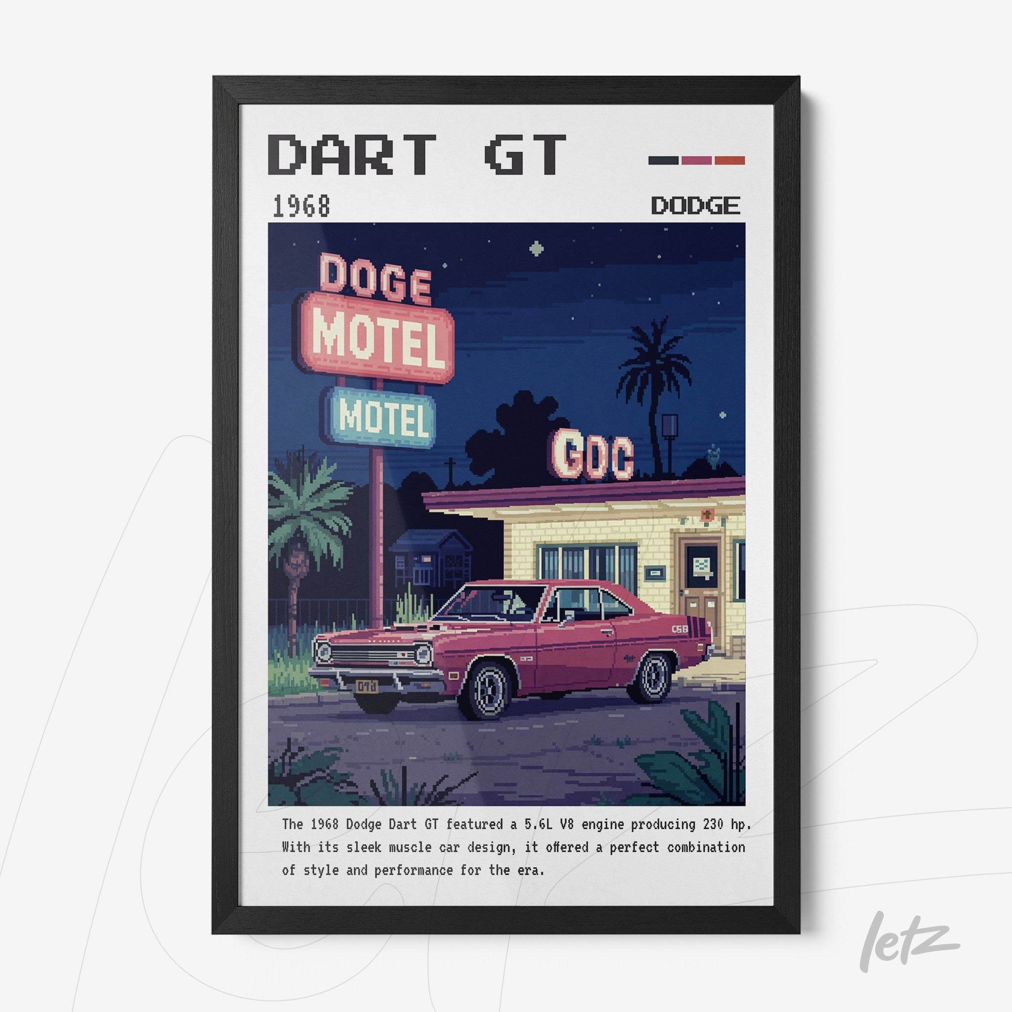 retro digital art print of a 1968 dodge dart gt in front of a vintage motel with a black frame
