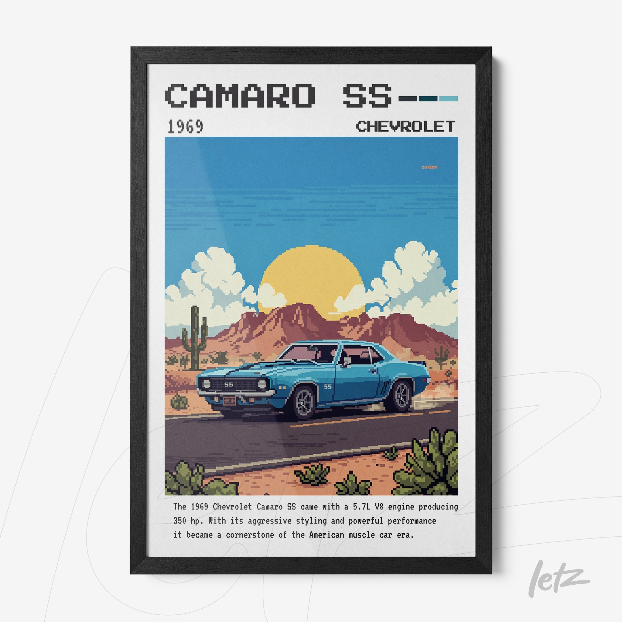 framed digital artwork of a 1969 Chevrolet Camaro SS with a fine black frame