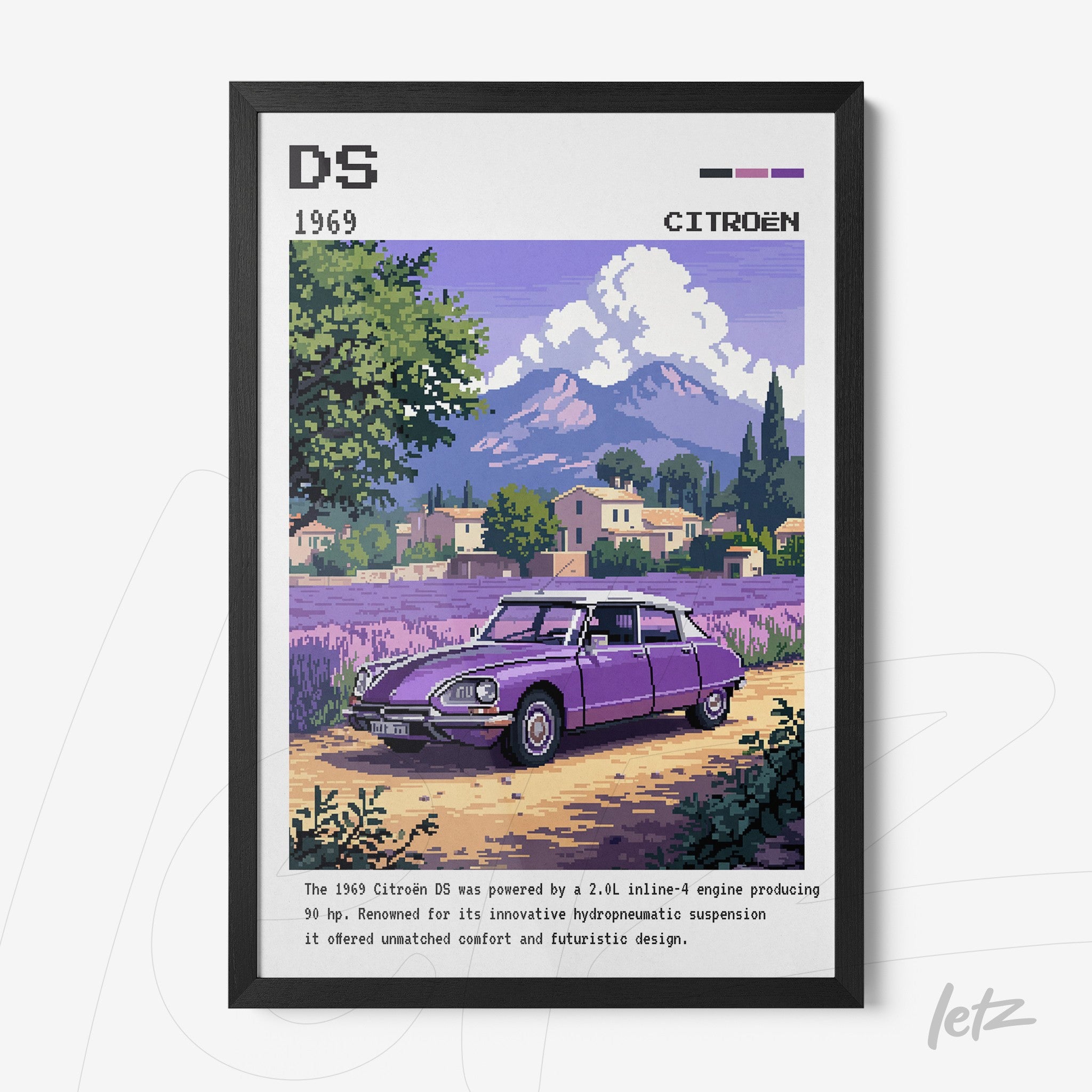 pixel art print of a purple Citroën DS in a rural landscape with mountains in the background, framed in black