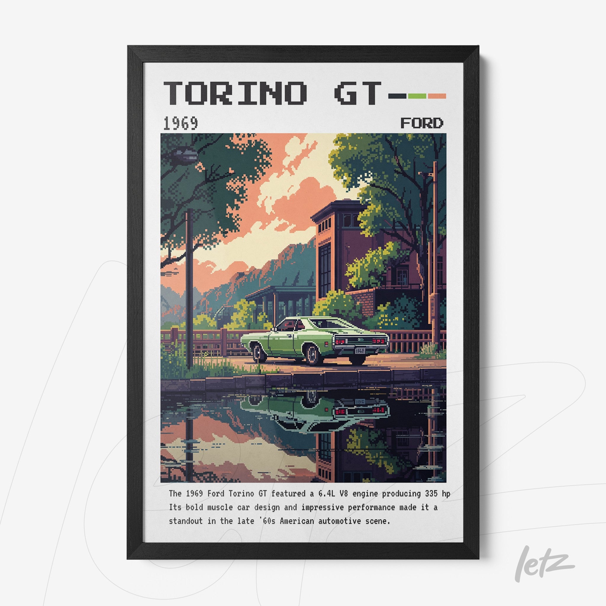 digital artwork of a 1969 Ford Torino GT parked by a lake reflecting buildings and trees in retro style