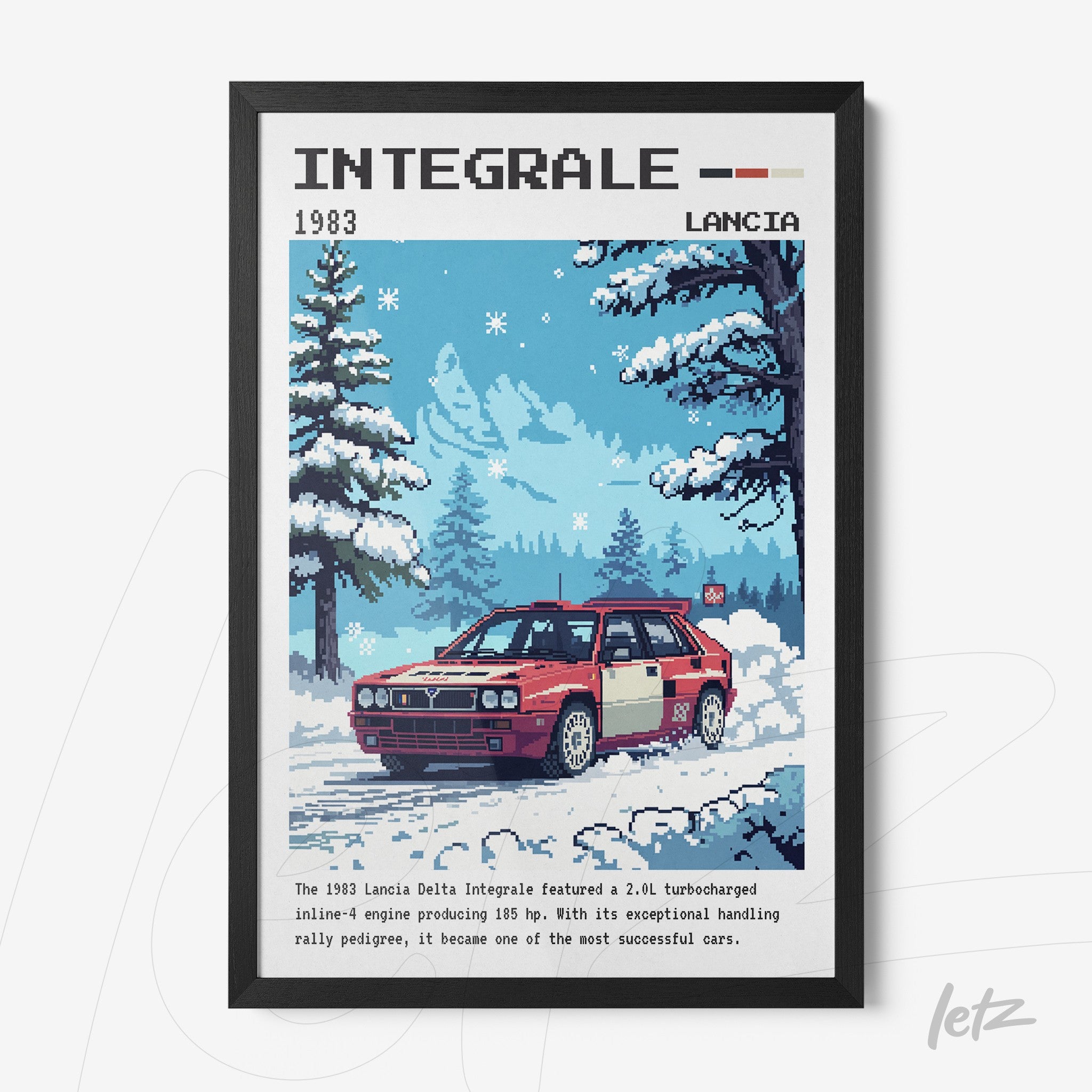 pixel art of a Lancia Delta Integrale car in a winter landscape featuring snowy trees with a black frame