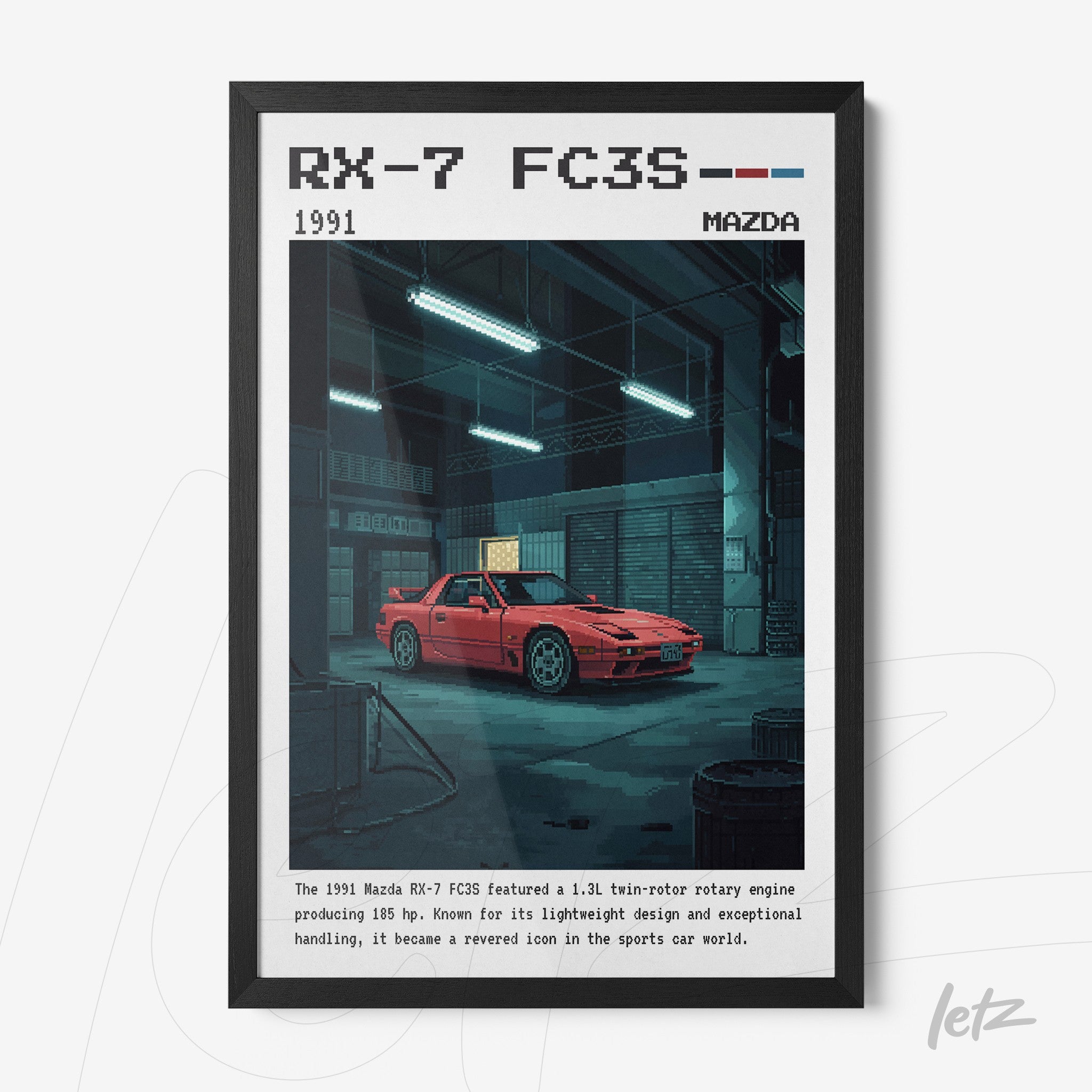 decorative art print featuring a digital illustration of Mazda RX-7 FC3S in a dimly lit garage, framed with a black border