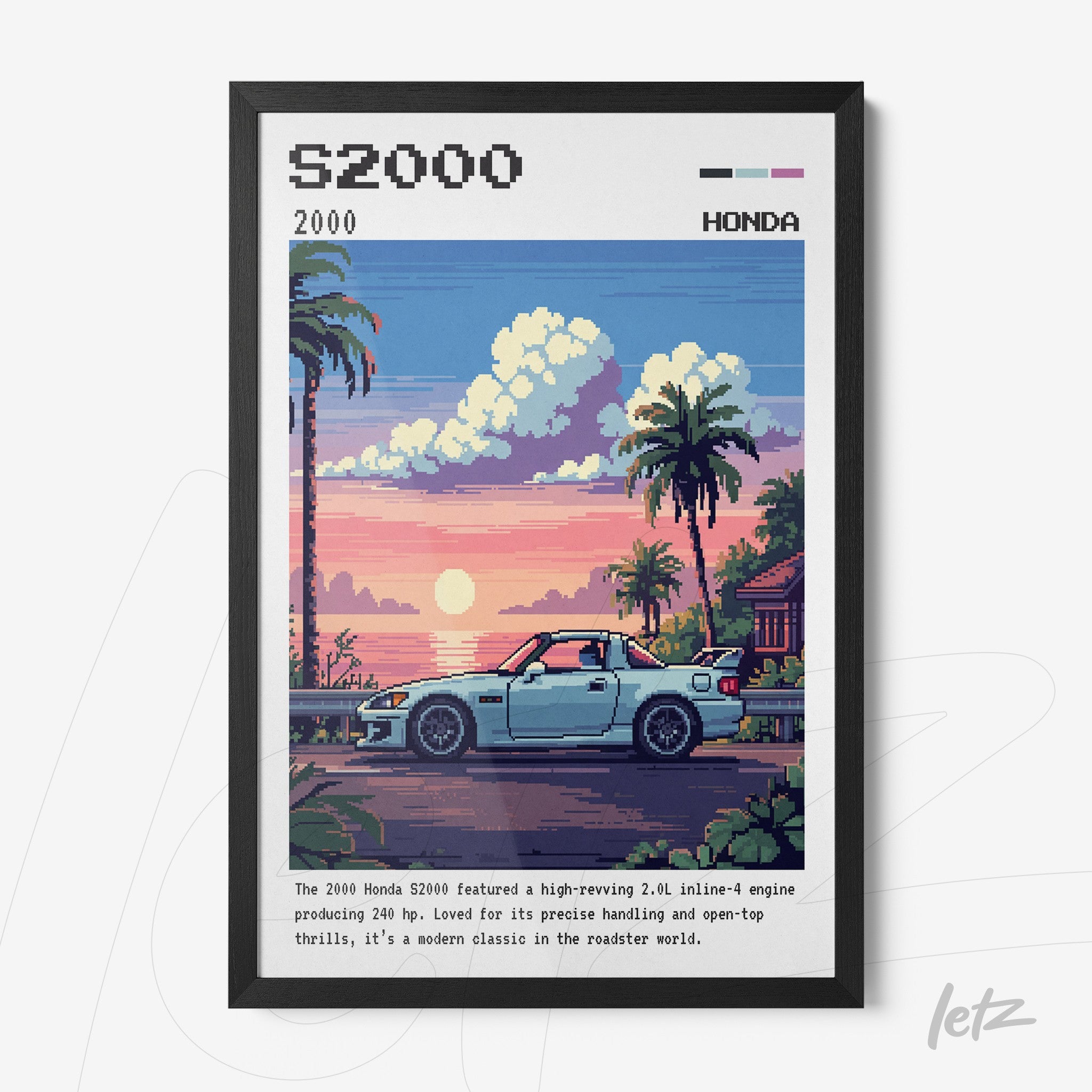 framed pixel art of a Honda S2000 sports car in a tropical landscape