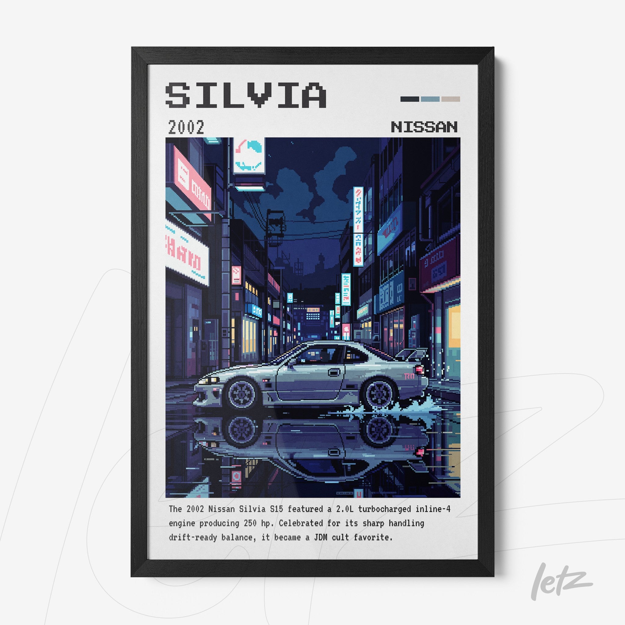 framed pixel art of the 2002 Nissan Silvia in an urban night scene