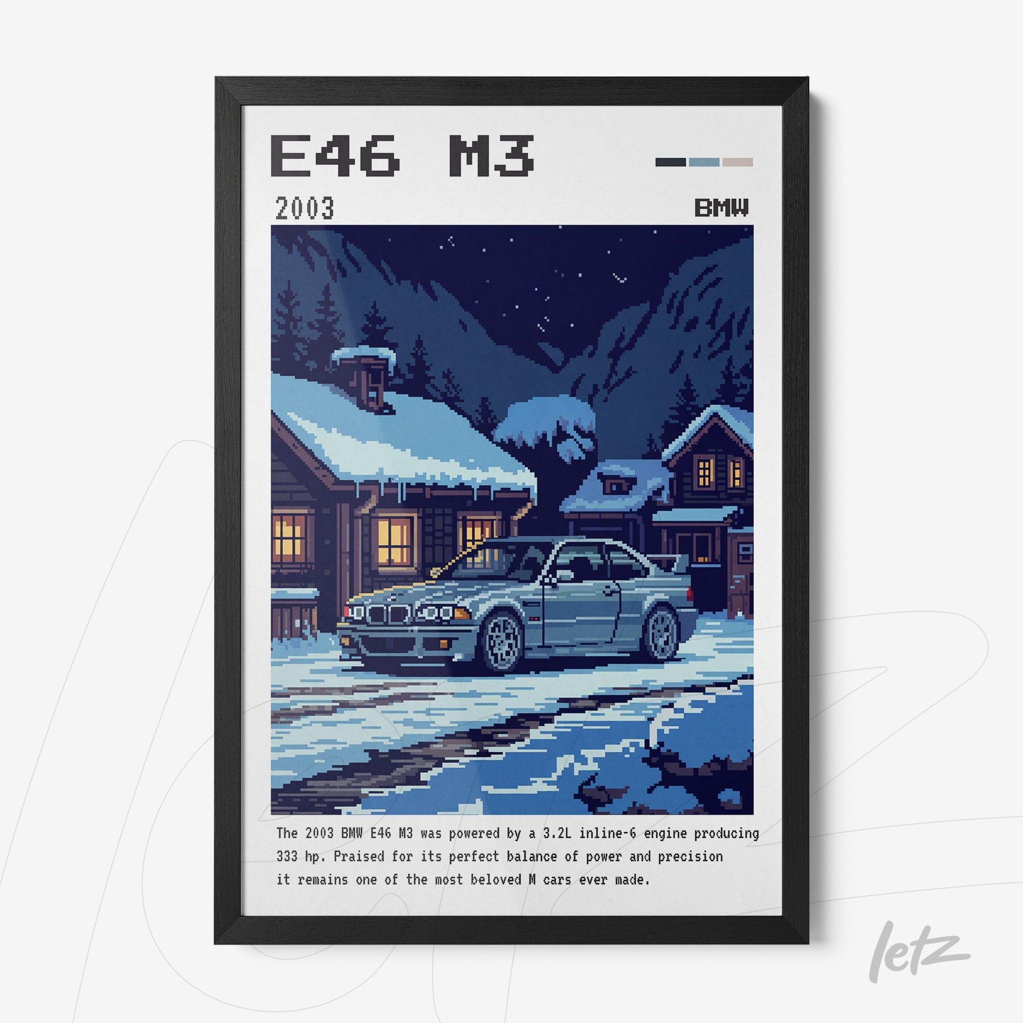pixel art print featuring a BMW E46 M3 in a snowy setting with wooden houses in the background and a black frame