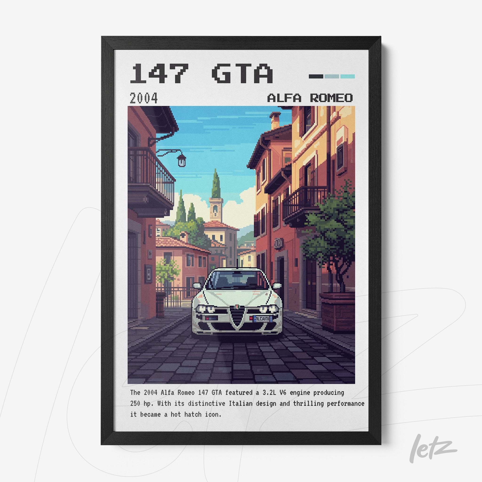 retro style digital art of alfa romeo 147 gta on an italian street with black frame