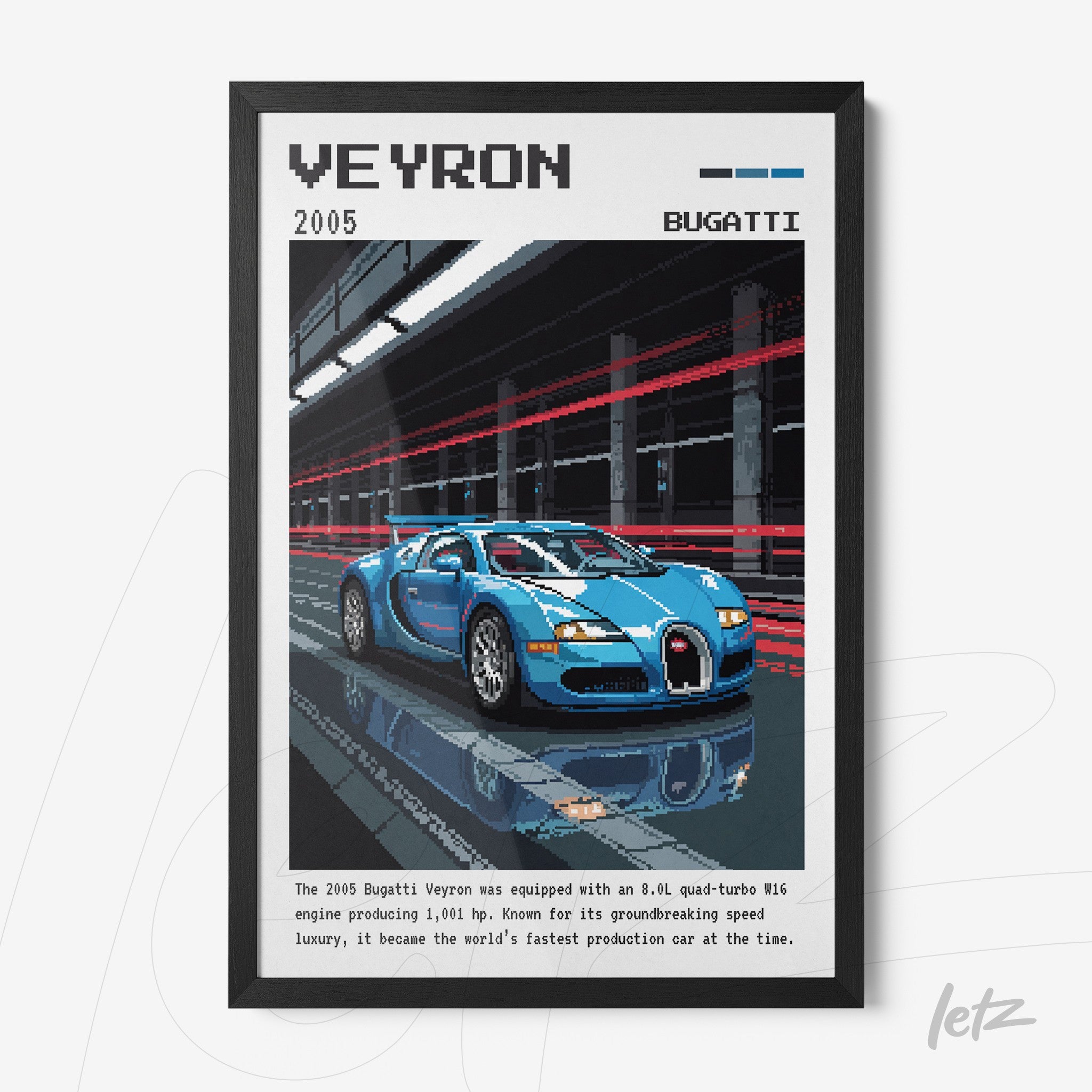 digital art print of a Bugatti Veyron stylized in pixel art with a black frame