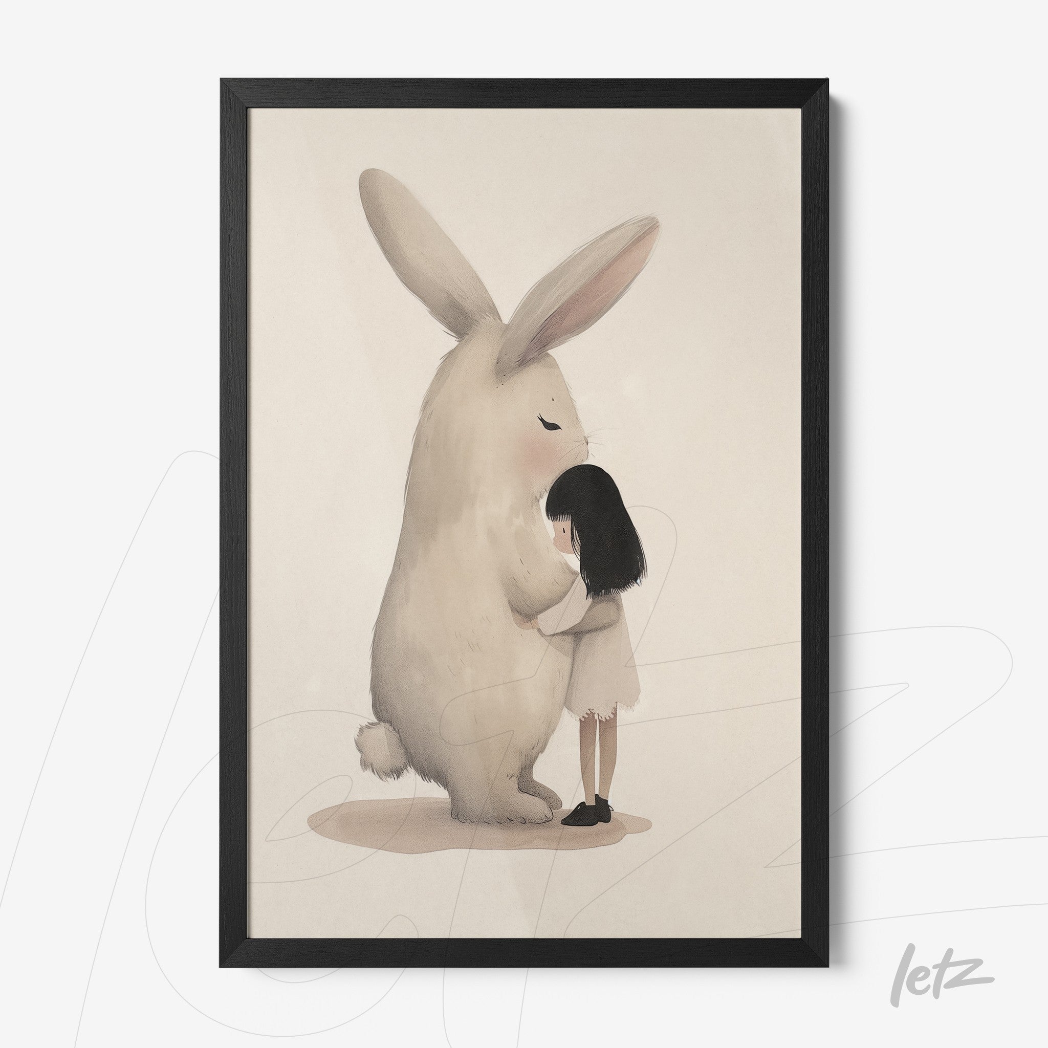 framed artwork featuring a girl hugging a large rabbit against a neutral background with a black frame
