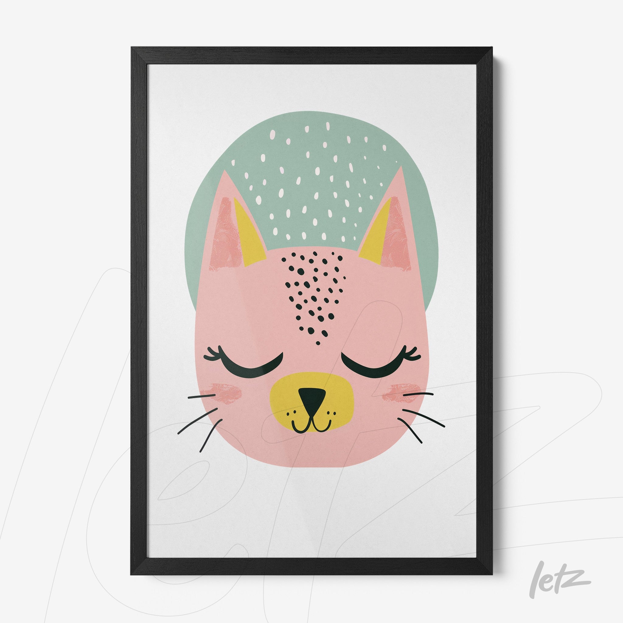 framed artwork of a pink cat with a light green background and black frame