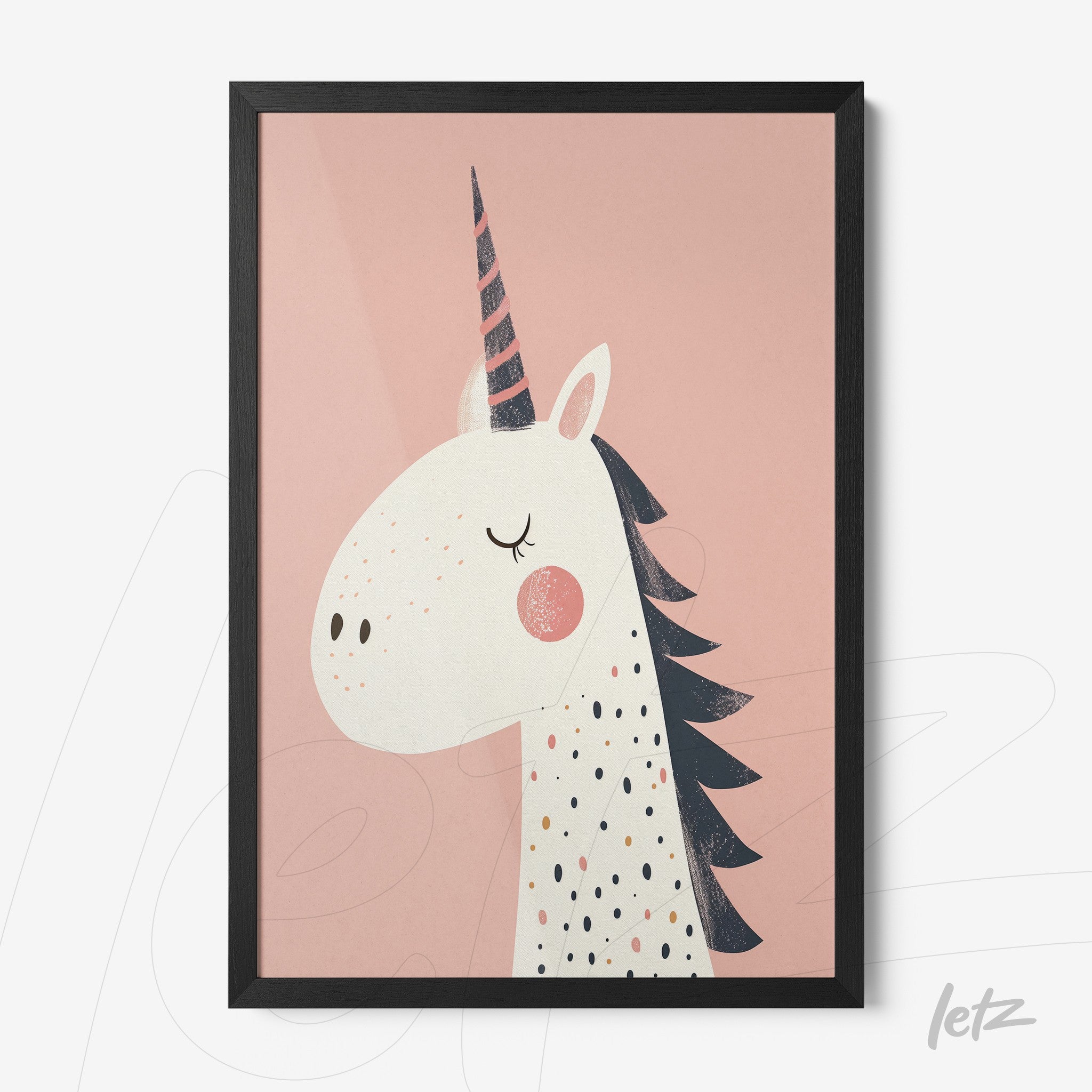 framed artwork featuring a unicorn illustration on a pink background