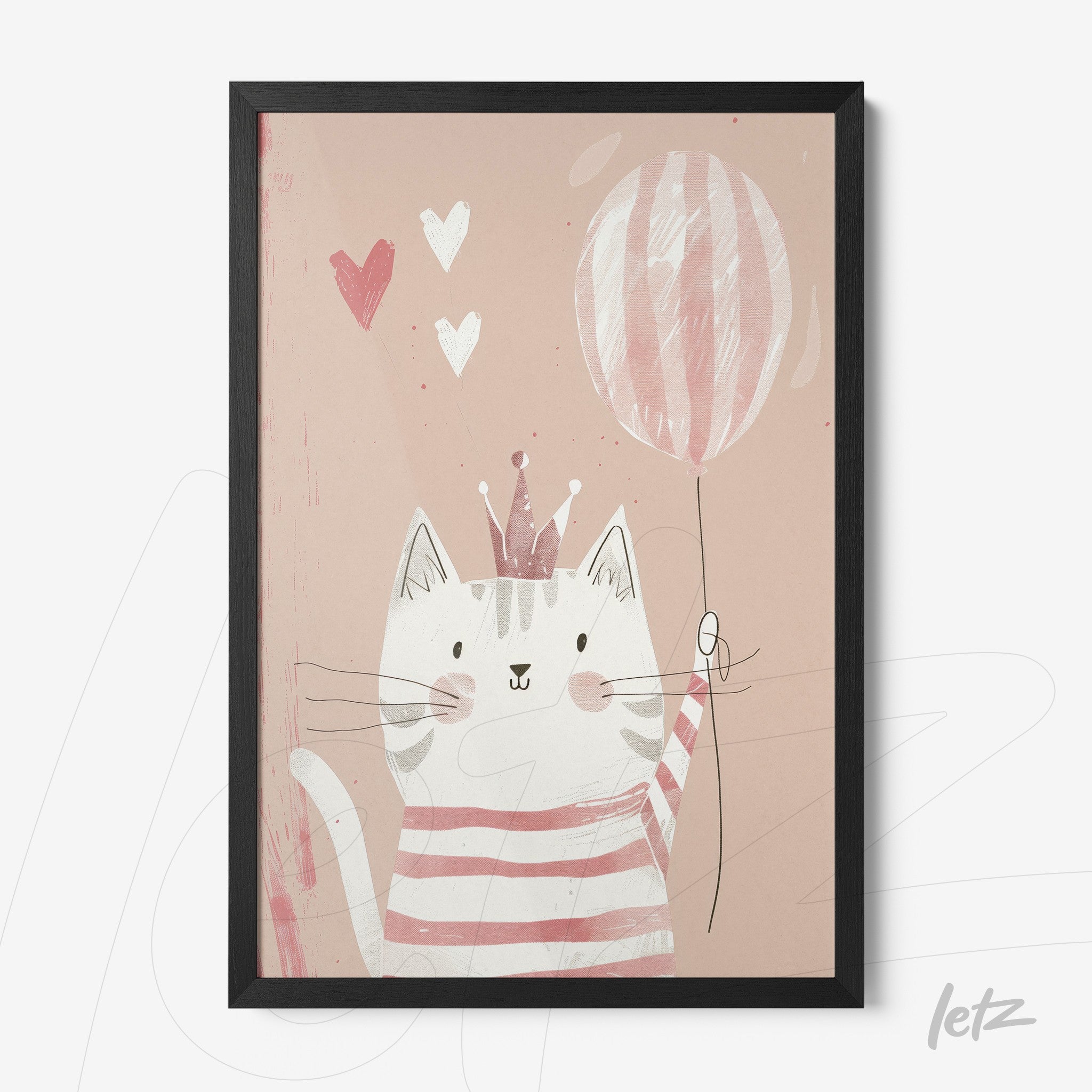 framed artwork of a smiling cat wearing pink and white stripes holding a balloon