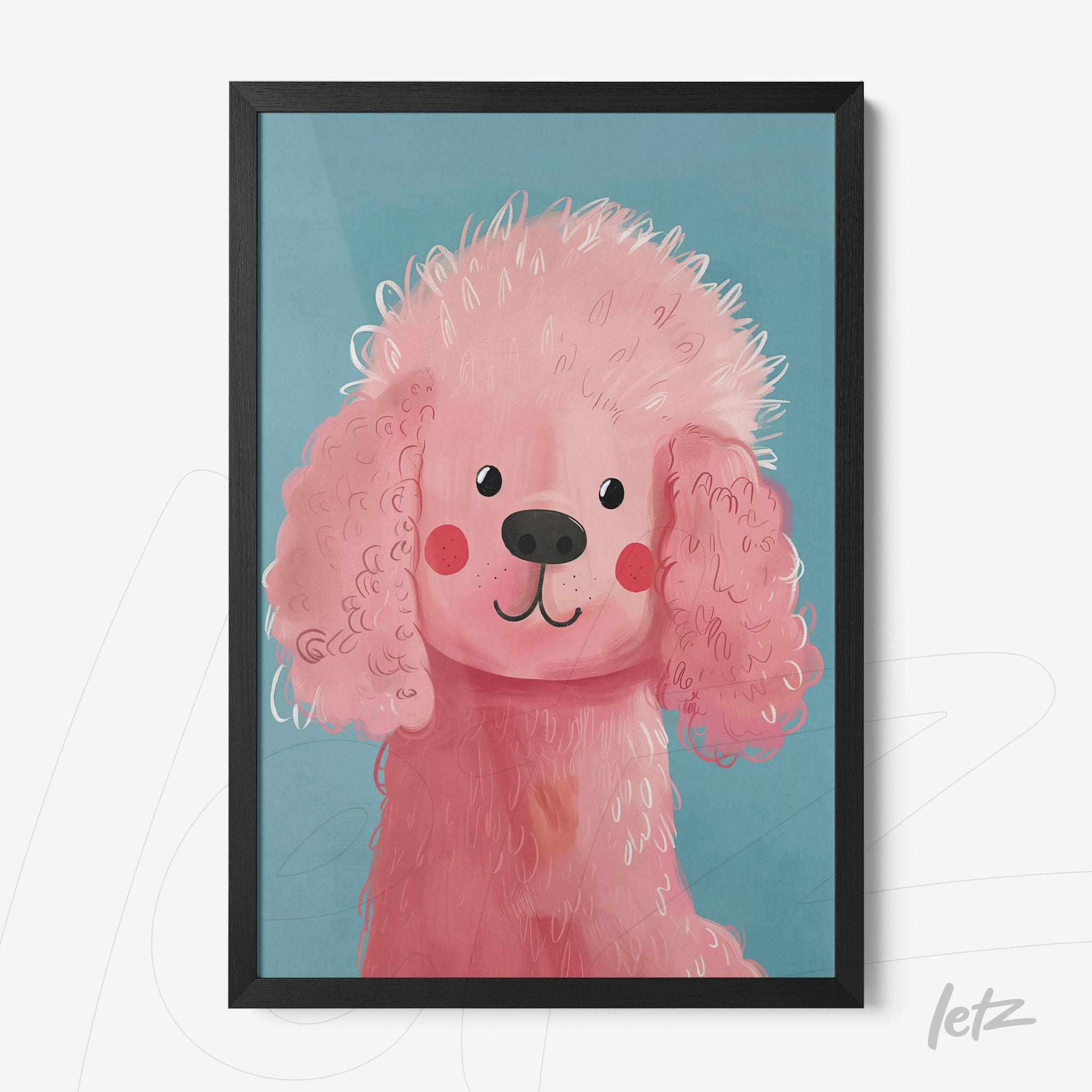 framed wall art featuring a pink poodle in a blue background