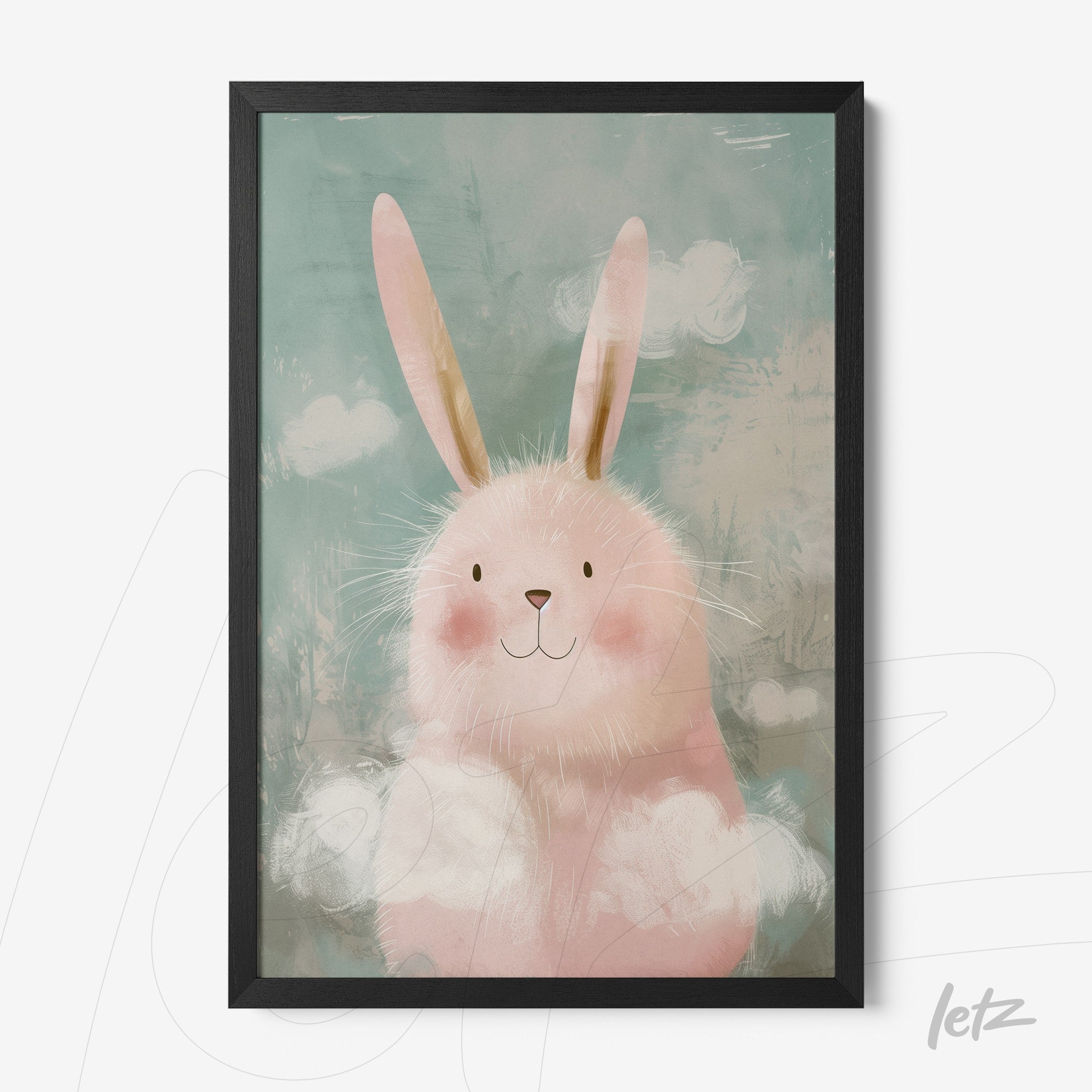 framed art featuring a cute pink bunny with long ears against a soft blue background