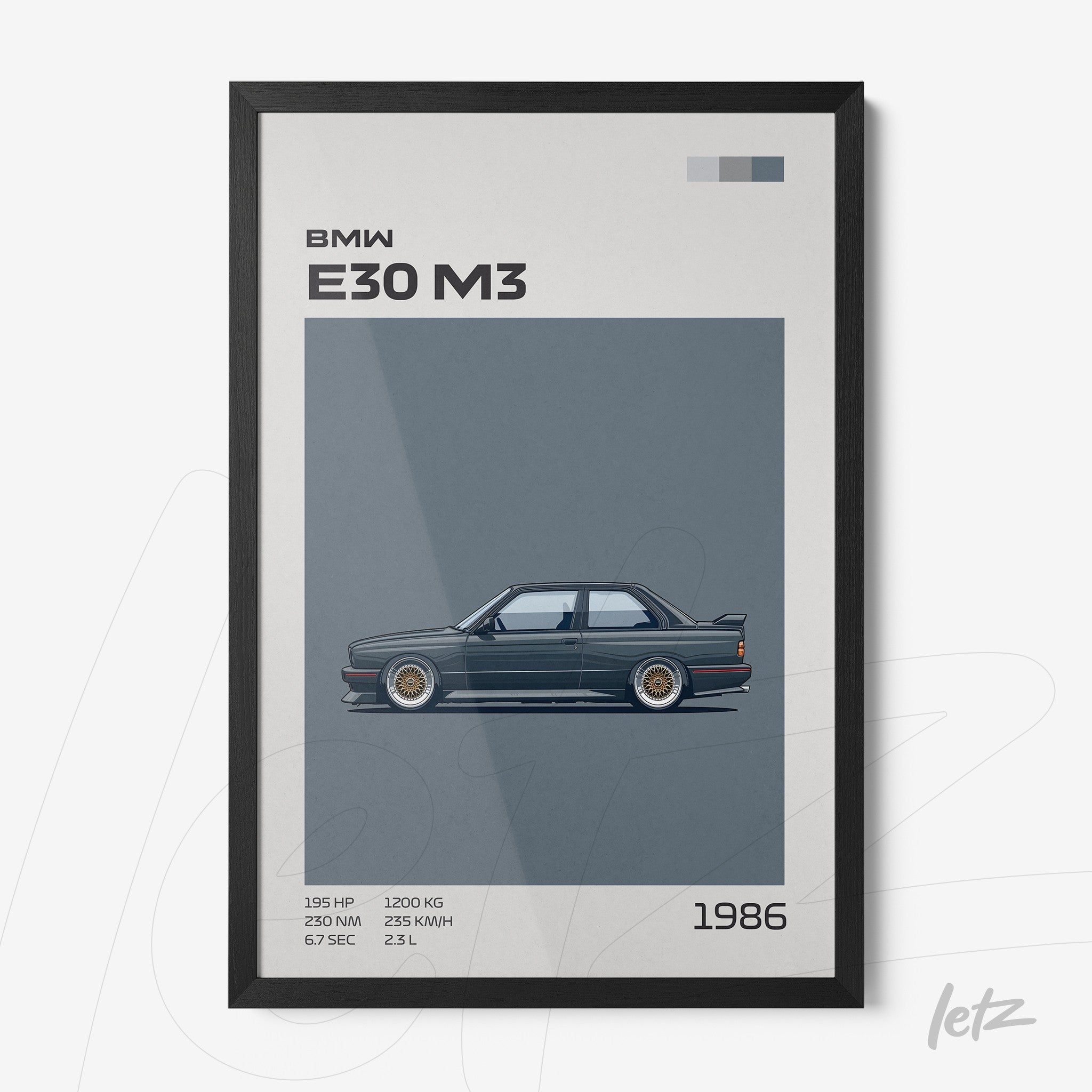 framed wall art featuring a digital illustration of the BMW E30 M3 car from 1986 with technical details and a gray background