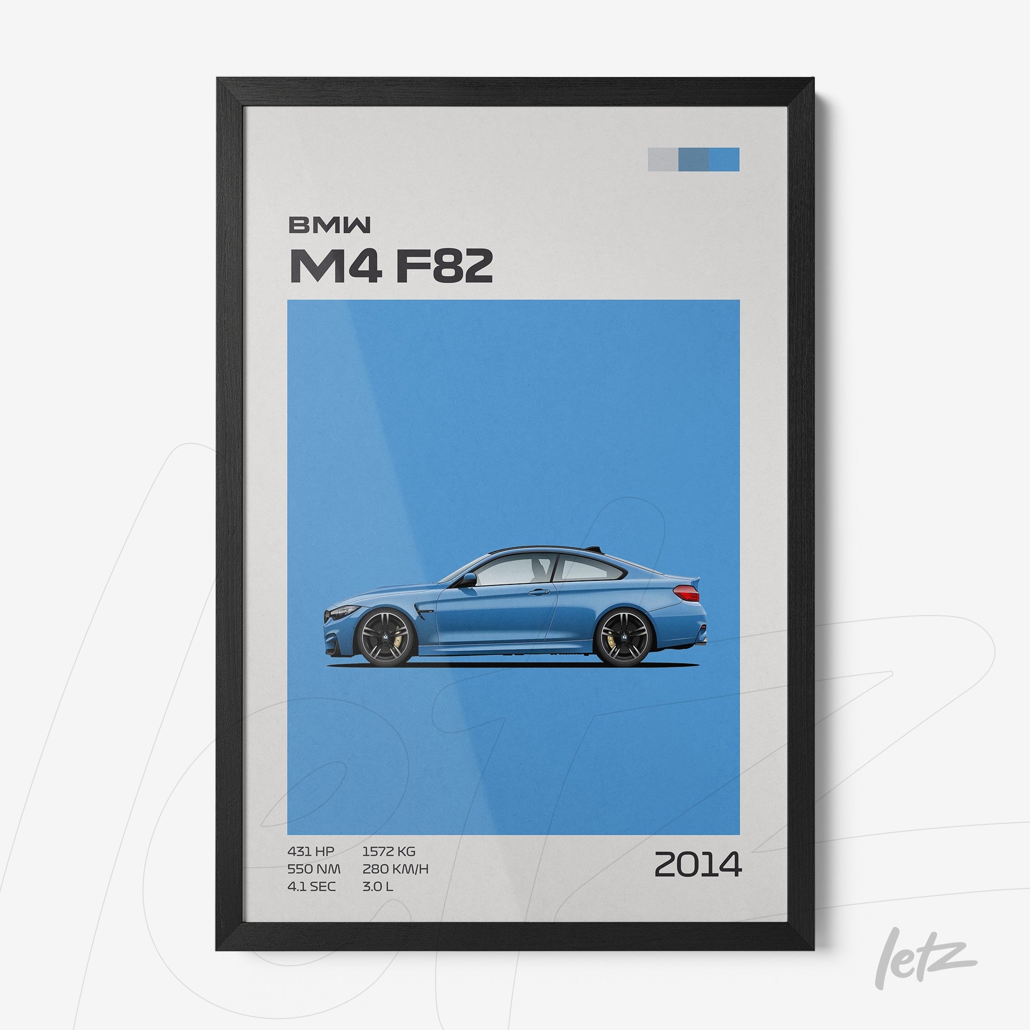 framed digital art of a blue BMW M4 F82 against a blue background